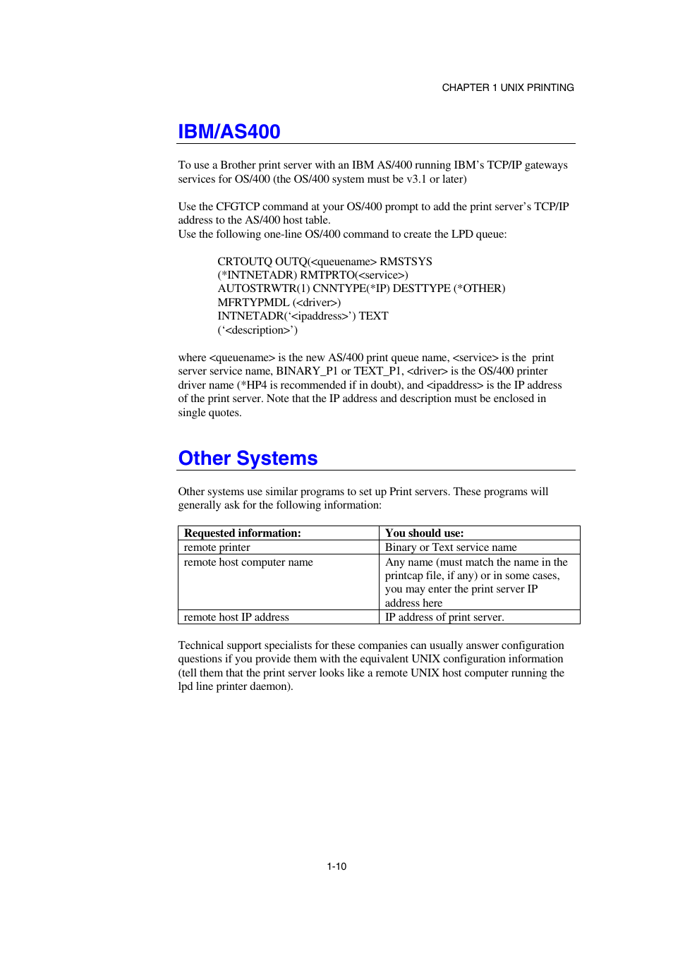 Ibm/as400, Other systems, Ibm/as400 1-10 | Brother NC-2100p User Manual | Page 22 / 96