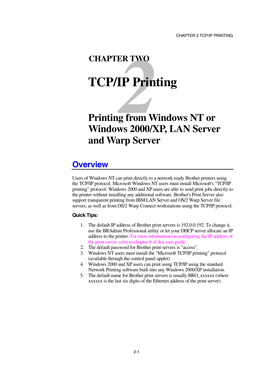 Overview, Overview 2-1, Tcp/ip printing | Brother NC-2100p User Manual | Page 25 / 96