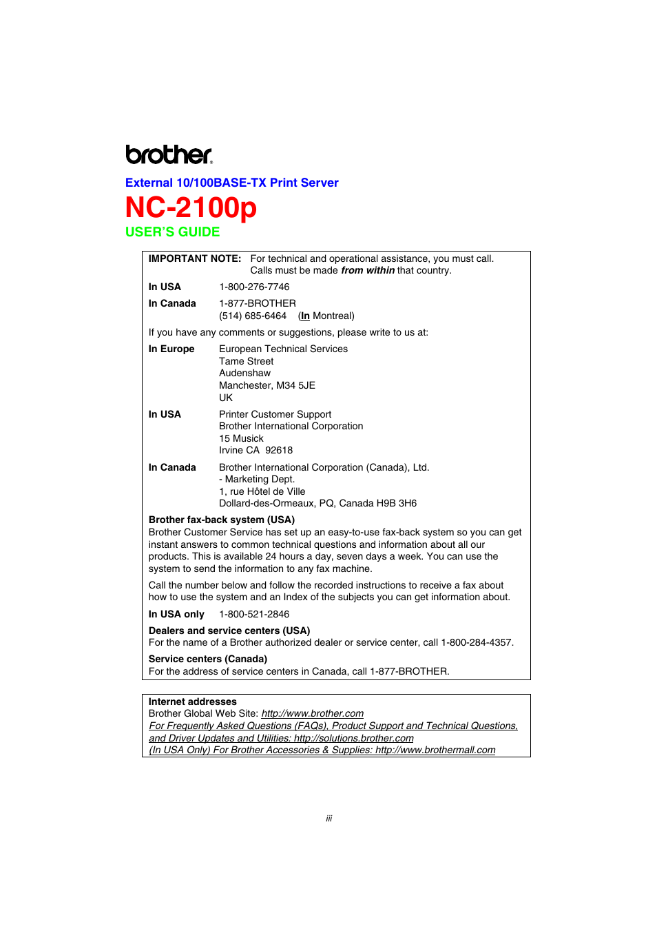 Nc-2100p, User’s guide | Brother NC-2100p User Manual | Page 3 / 96