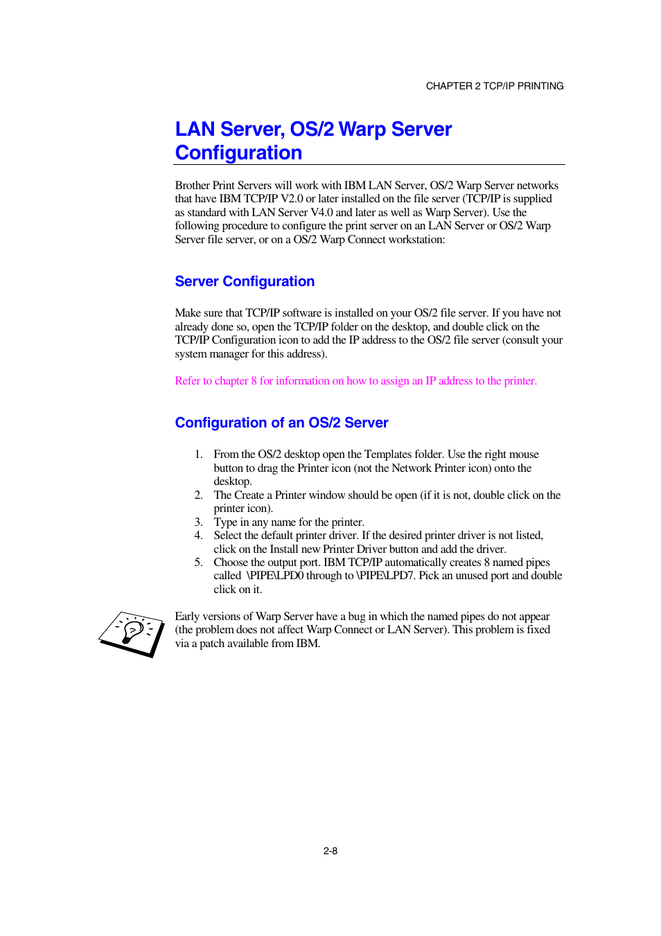 Lan server, os/2 warp server configuration, Server configuration, Configuration of an os/2 server | Brother NC-2100p User Manual | Page 32 / 96