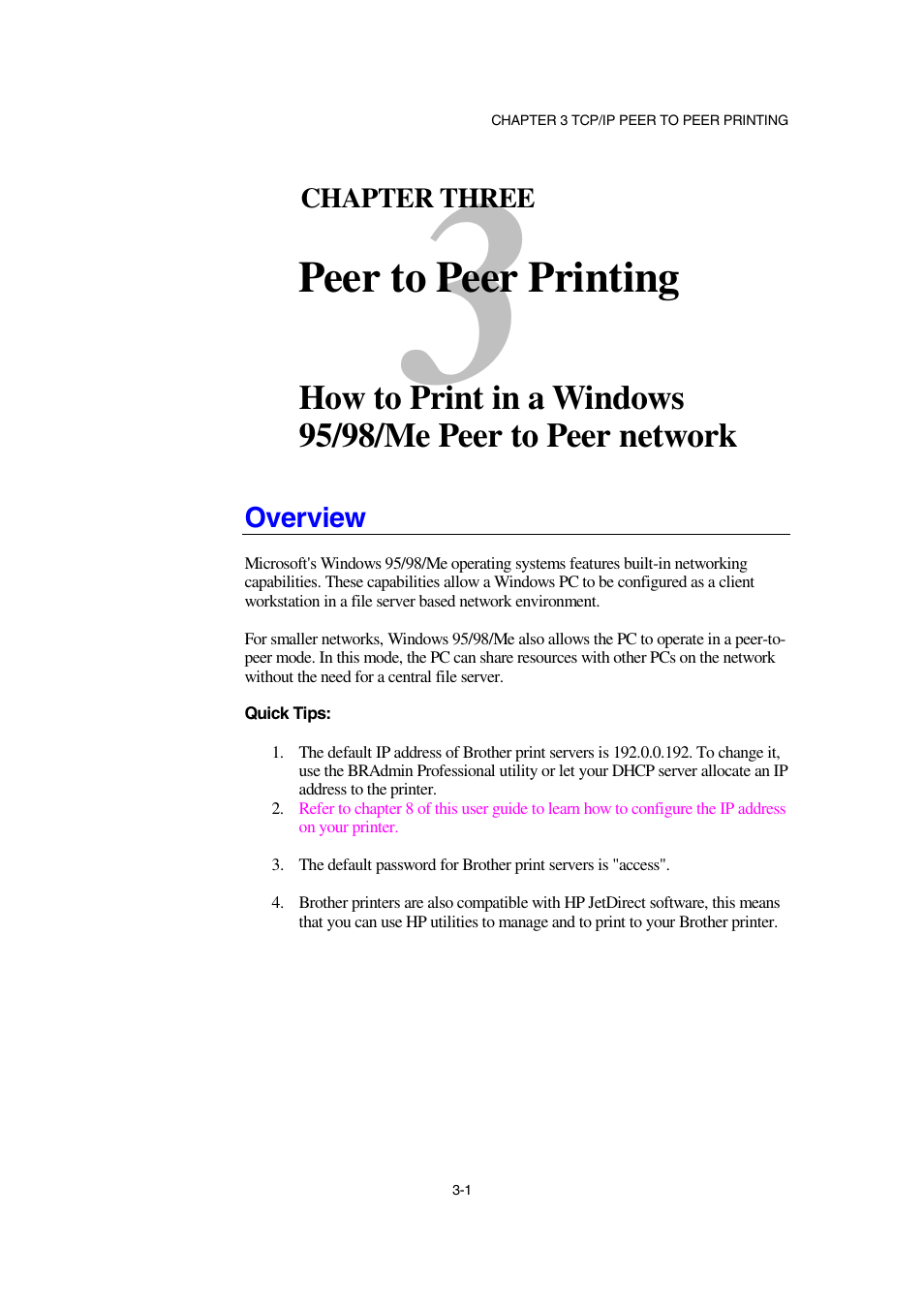 Overview, Overview 3-1, Peer to peer printing | Brother NC-2100p User Manual | Page 35 / 96