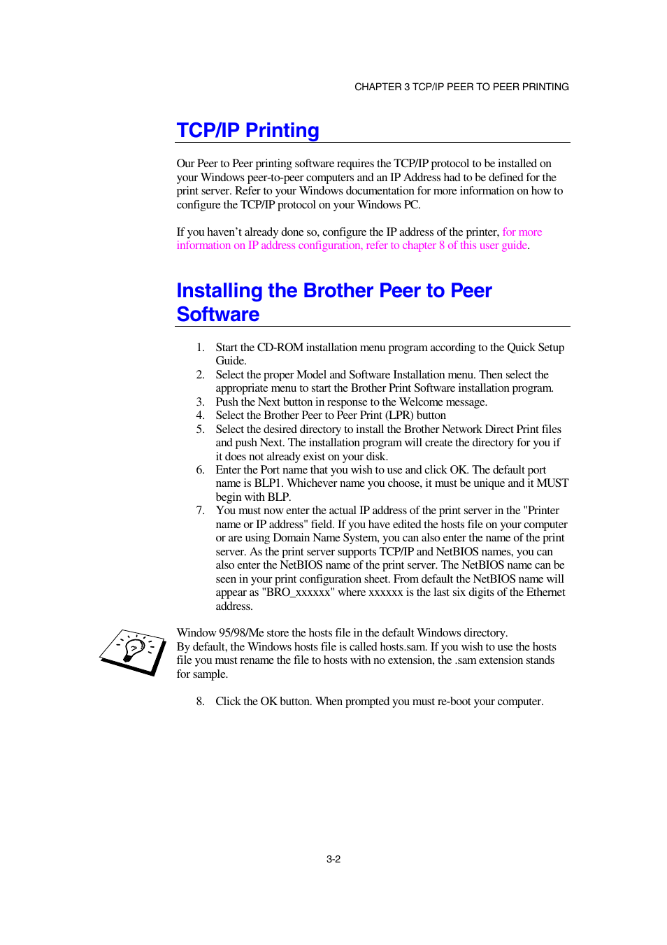 Tcp/ip printing, Installing the brother peer to peer software | Brother NC-2100p User Manual | Page 36 / 96