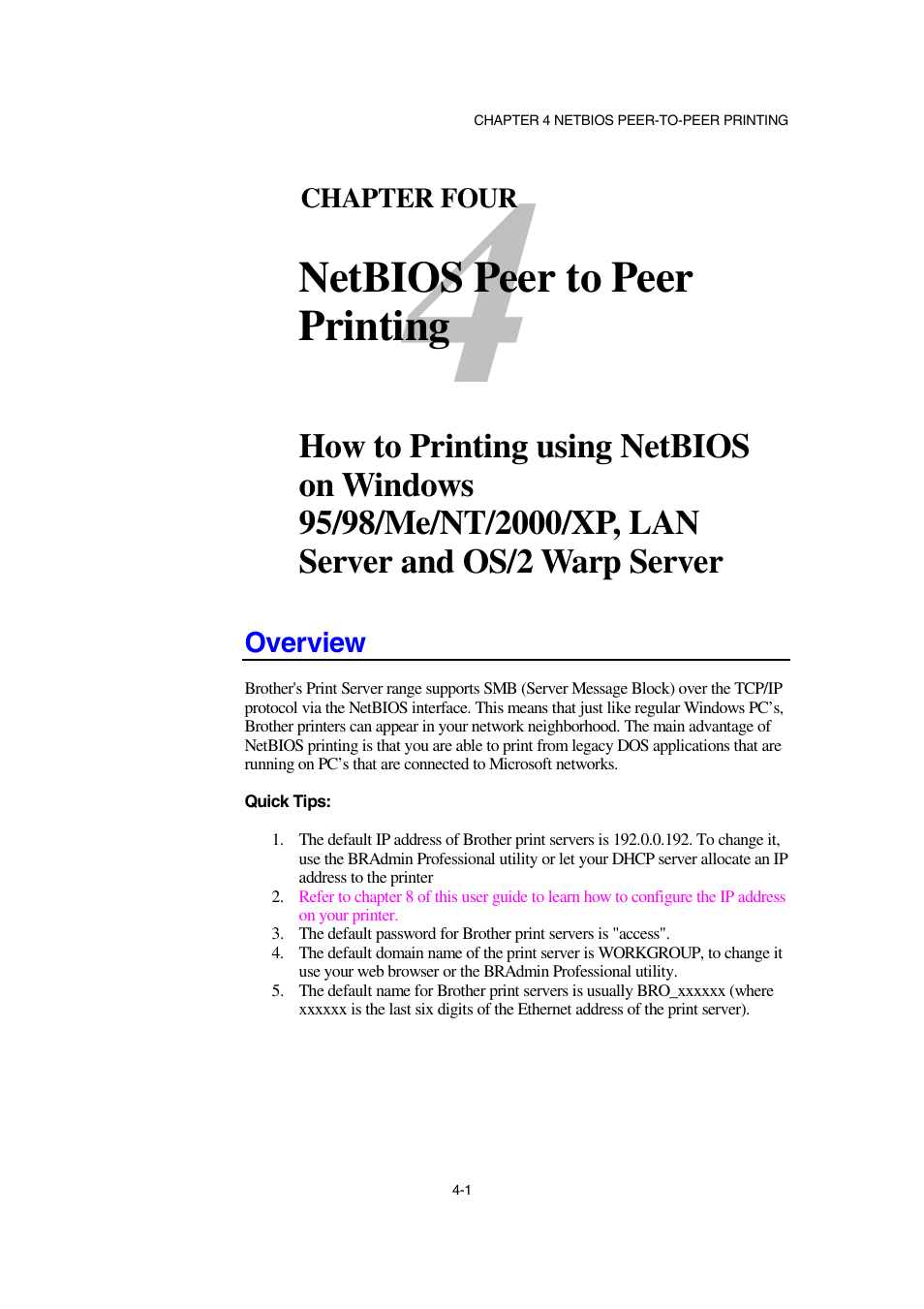 Overview, Overview 4-1, Netbios peer to peer printing | Brother NC-2100p User Manual | Page 39 / 96