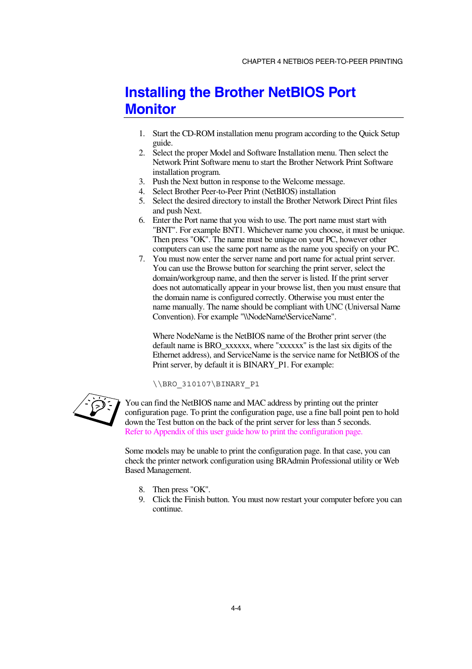 Installing the brother netbios port monitor | Brother NC-2100p User Manual | Page 42 / 96