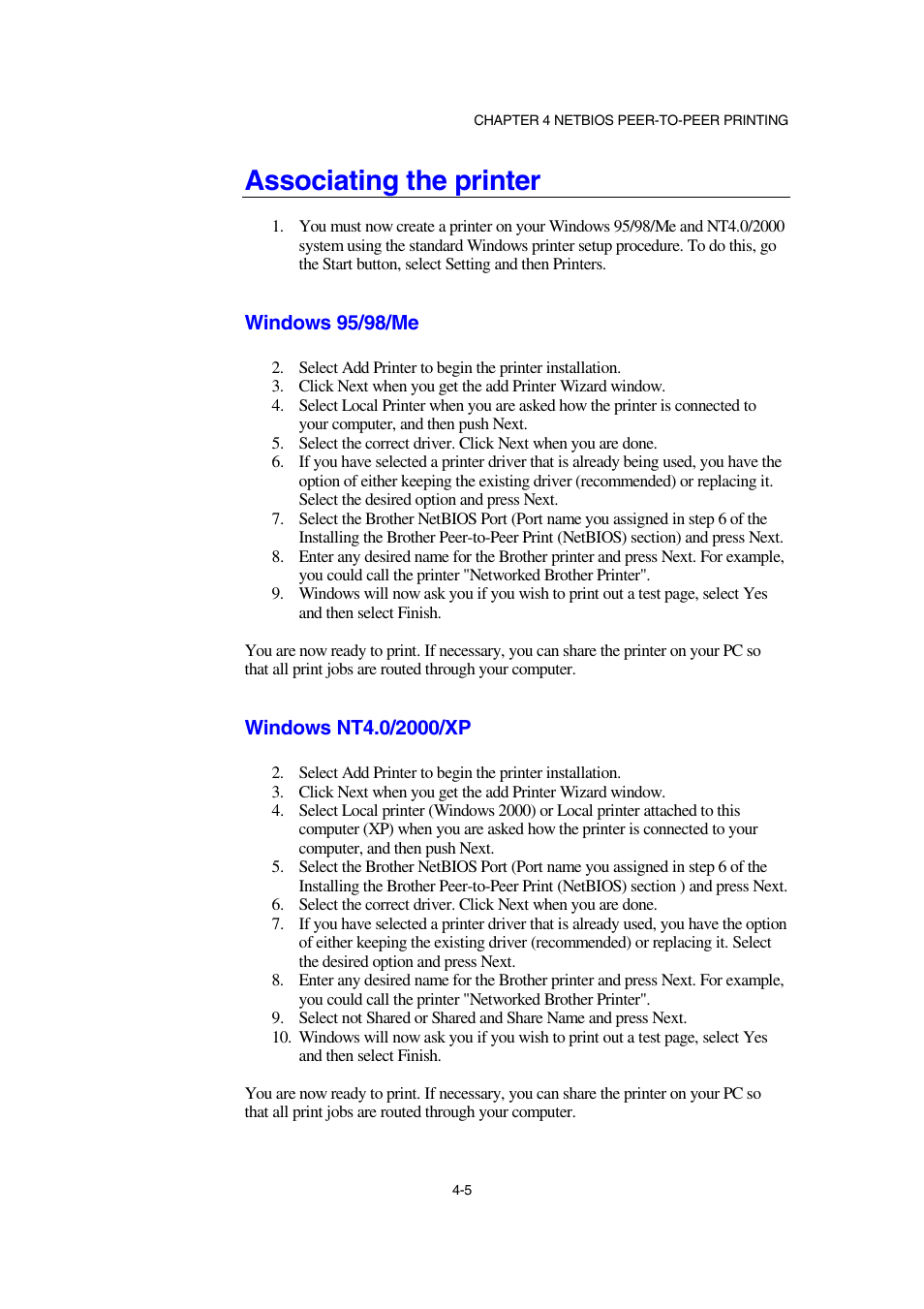 Associating the printer, Windows 95/98/me, Windows nt4.0/2000/xp | Brother NC-2100p User Manual | Page 43 / 96