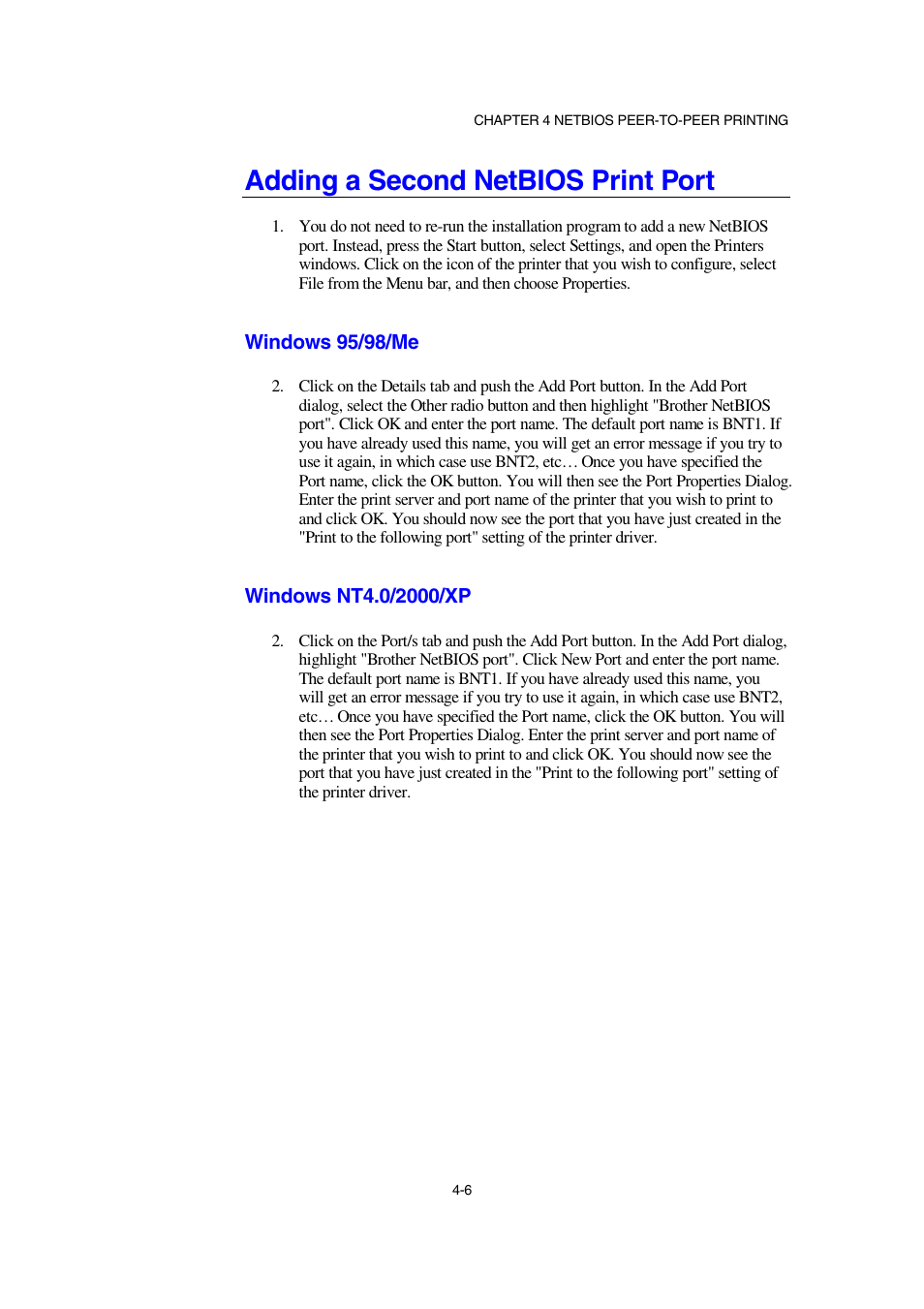 Adding a second netbios print port, Windows 95/98/me, Windows nt4.0/2000/xp | Brother NC-2100p User Manual | Page 44 / 96