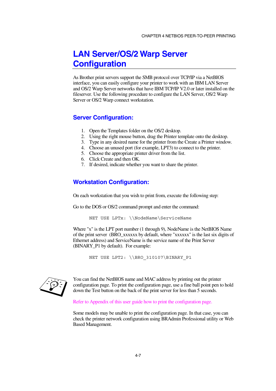 Lan server/os/2 warp server configuration, Server configuration, Workstation configuration | Brother NC-2100p User Manual | Page 45 / 96