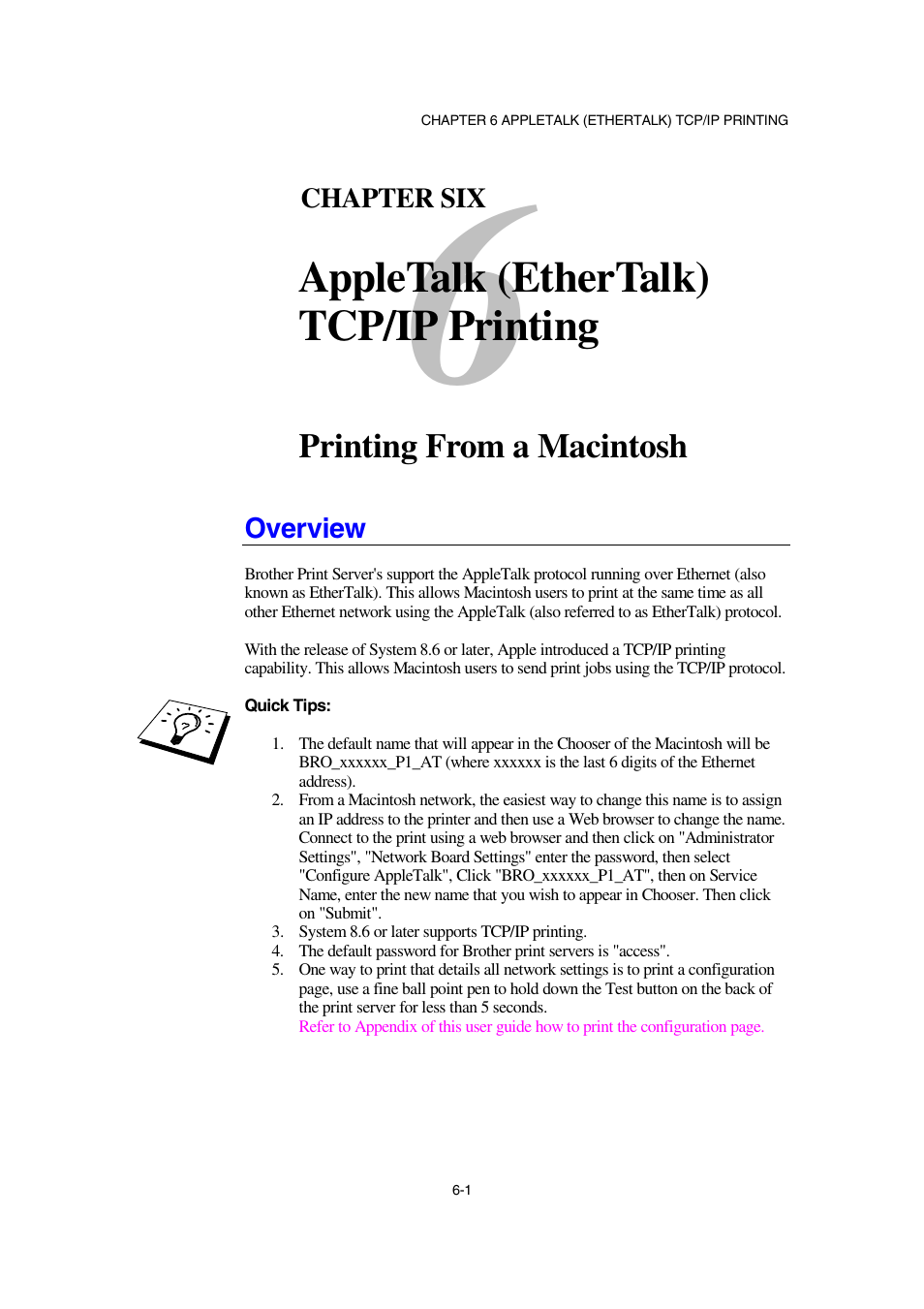 Overview, Overview 6-1, Appletalk (ethertalk) tcp/ip printing | Brother NC-2100p User Manual | Page 56 / 96