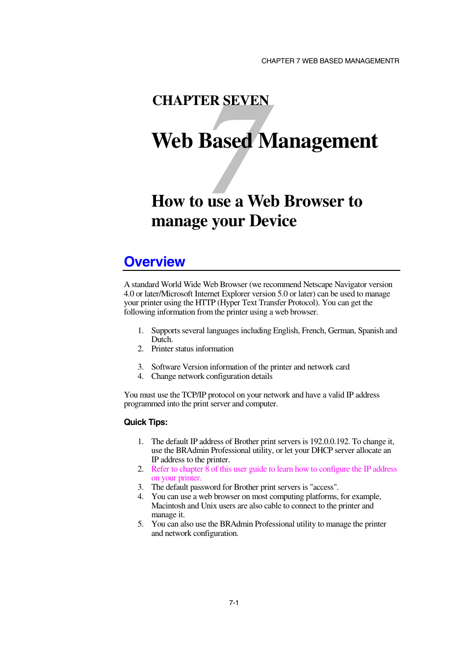 Overview, Overview 7-1, Web based management | How to use a web browser to manage your device | Brother NC-2100p User Manual | Page 65 / 96