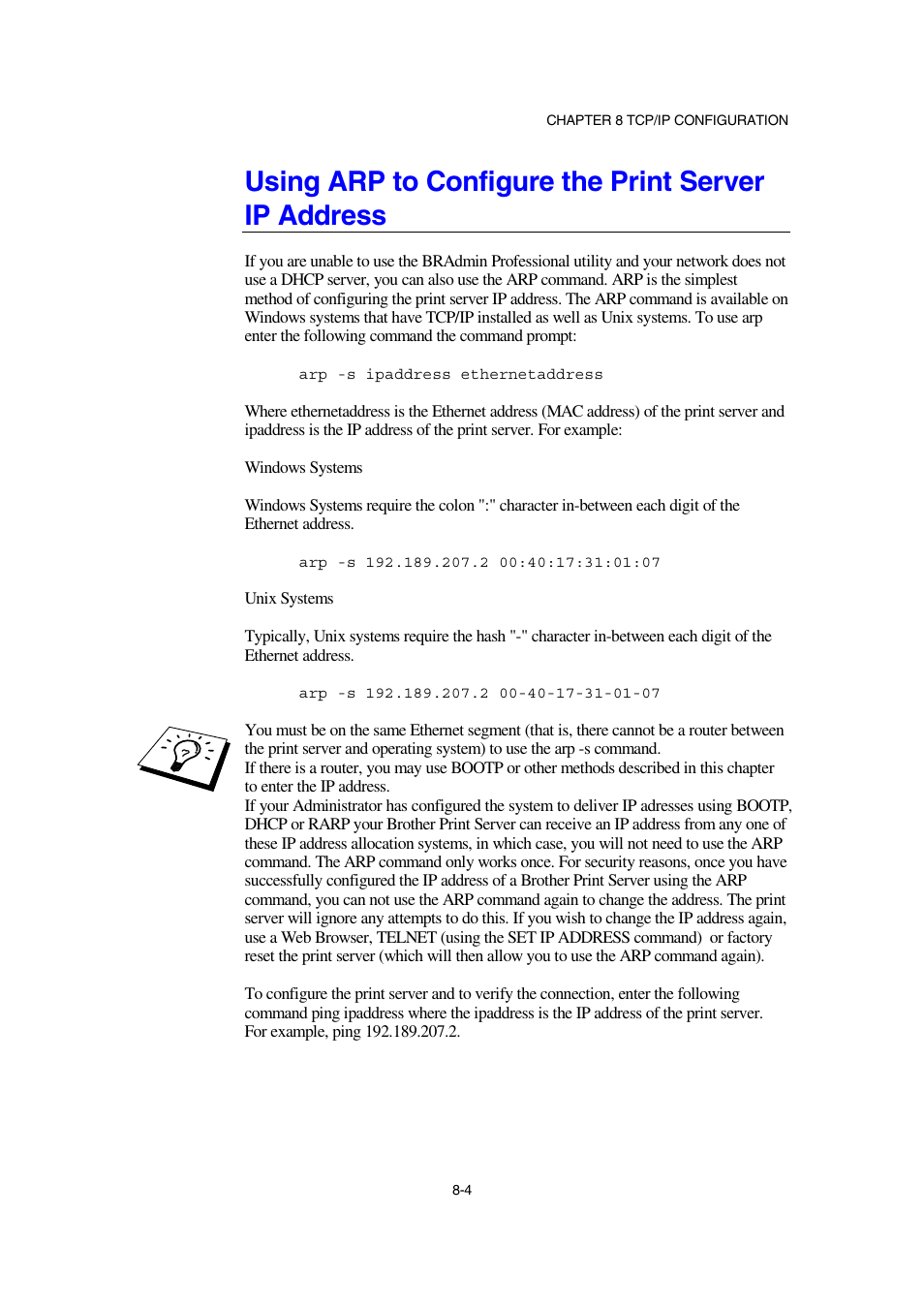 Using arp to configure the print server ip address | Brother NC-2100p User Manual | Page 71 / 96