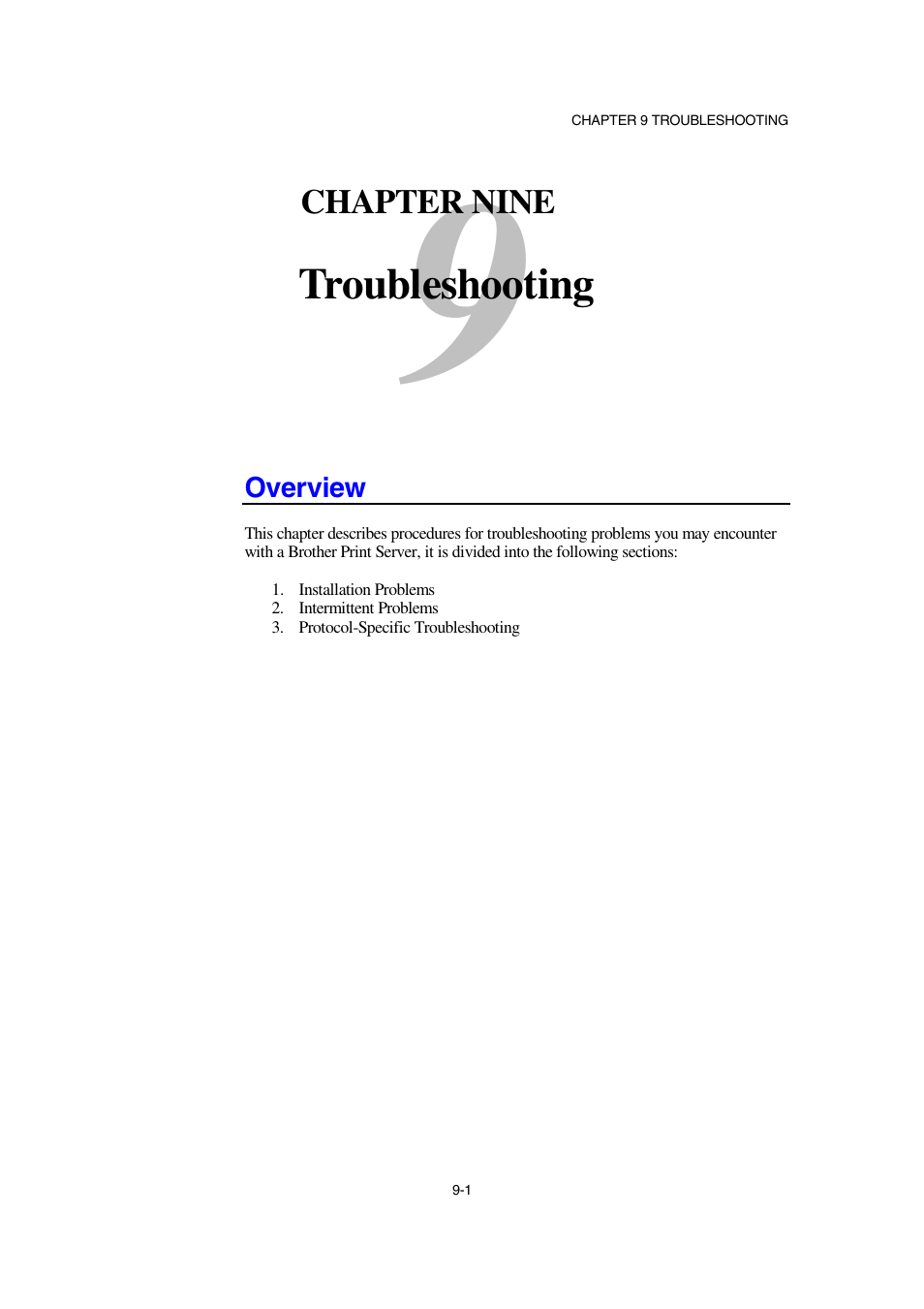 Chapter nine troubleshooting, Overview, Overview 9-1 | Troubleshooting | Brother NC-2100p User Manual | Page 76 / 96