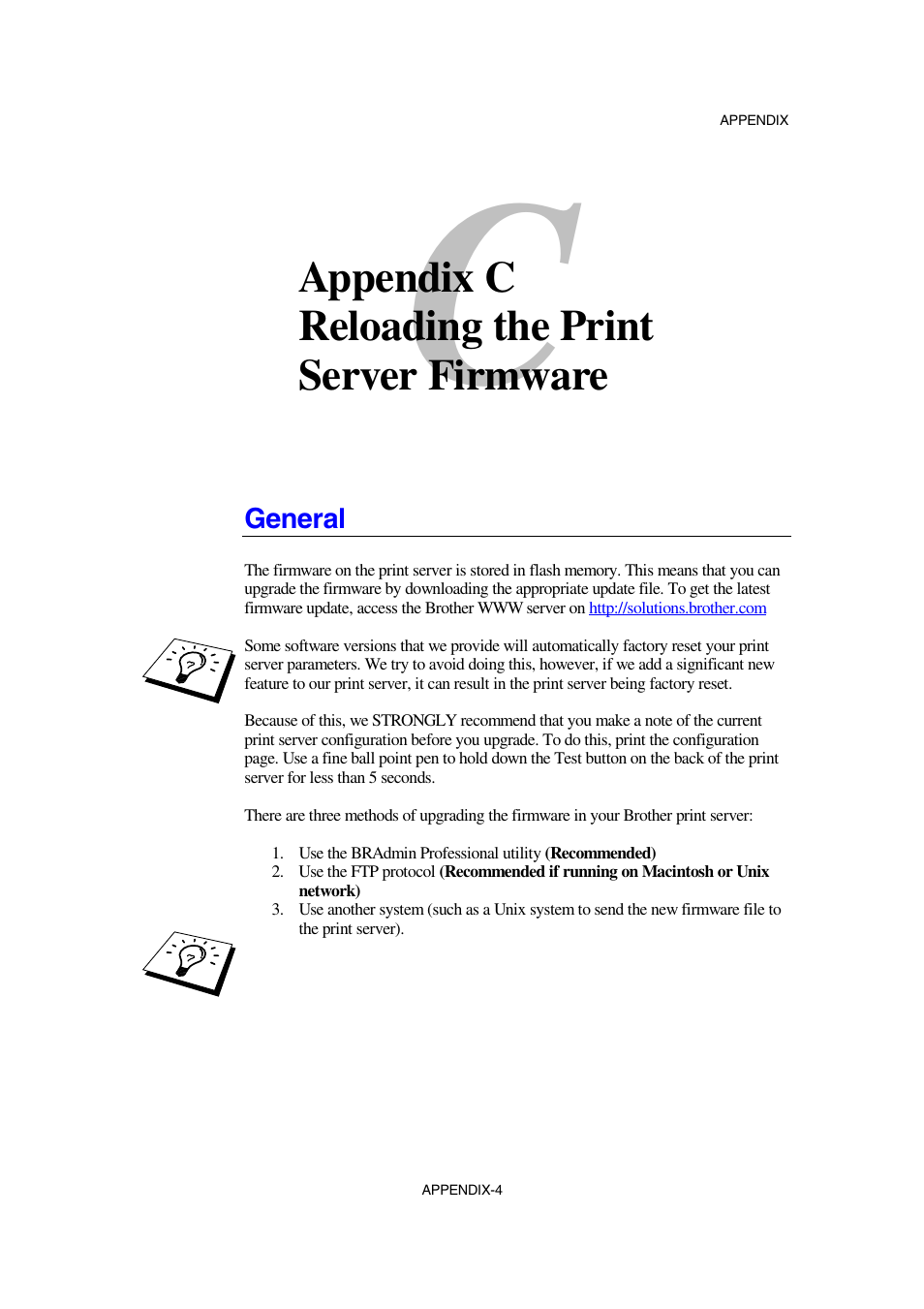 Appendix c reloading the print server firmware, General, General a-4 | Brother NC-2100p User Manual | Page 92 / 96