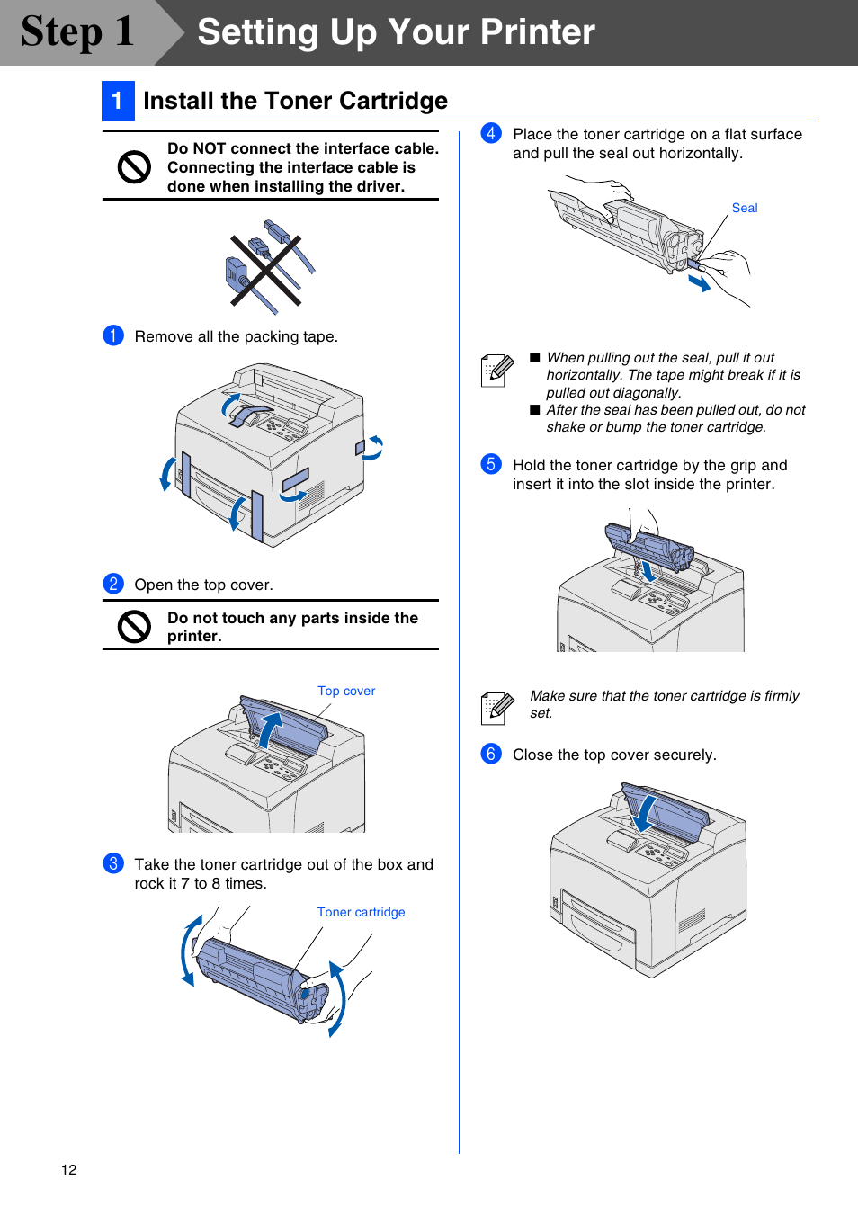 Setting up your printer, Install the toner cartridge, Step 1 | 1install the toner cartridge | Brother HL-8050N User Manual | Page 13 / 44