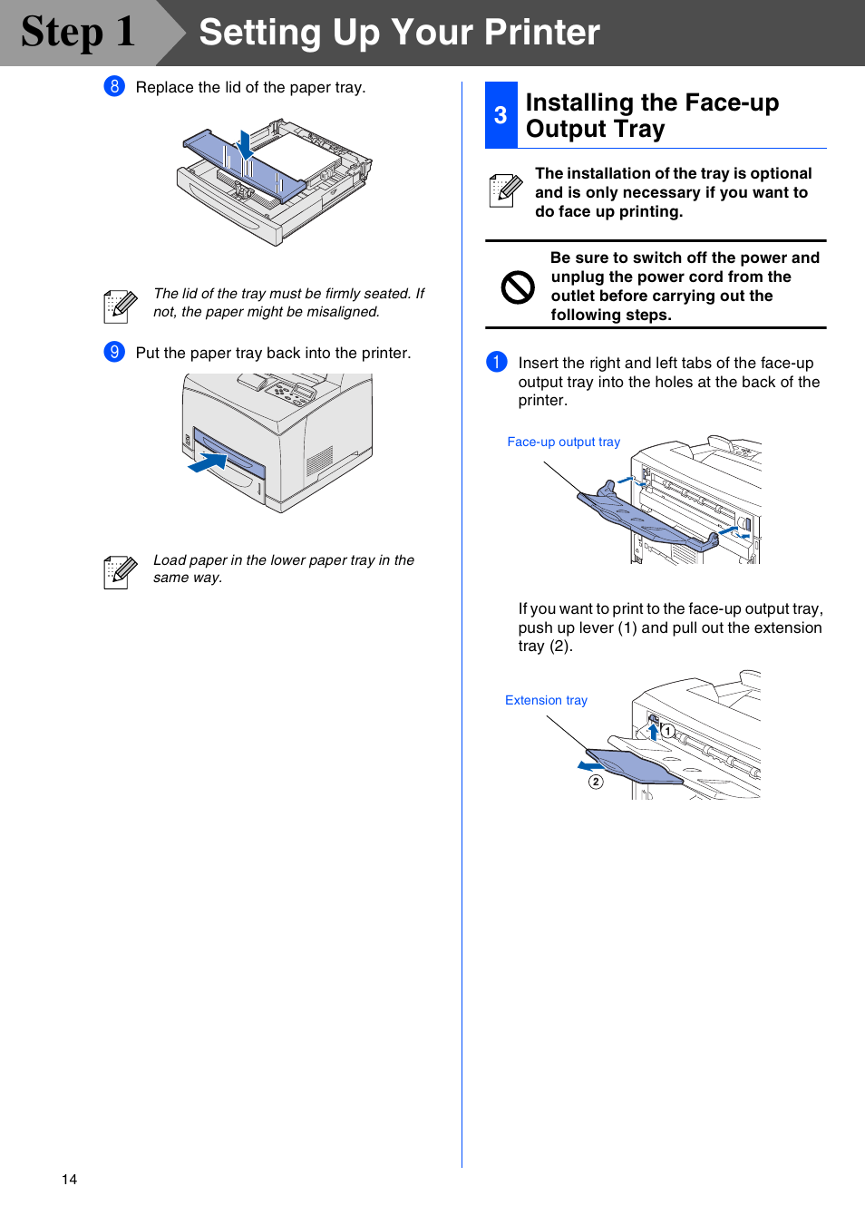 Installing the face-up output tray, Step 1, Setting up your printer | 3installing the face-up output tray | Brother HL-8050N User Manual | Page 15 / 44