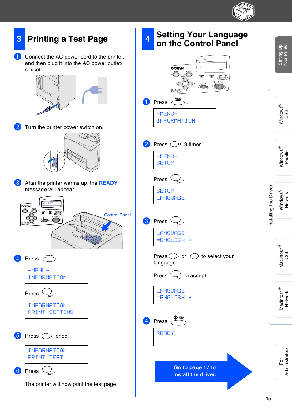 Setting your language on the control panel, 3printing a test page, 4setting your language on the control panel | Brother HL-8050N User Manual | Page 16 / 44