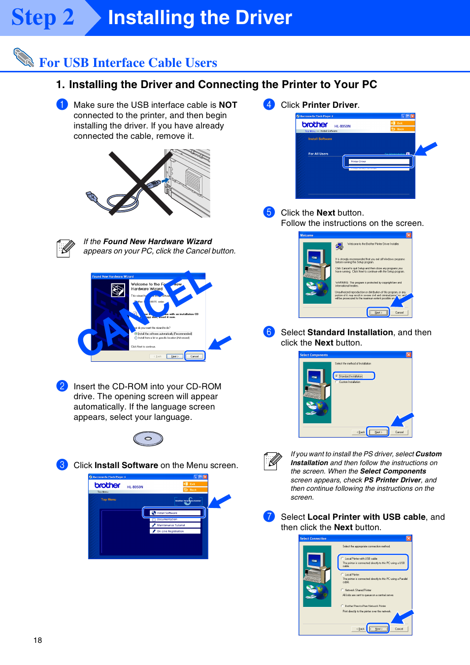 For usb interface cable users, Ca nc el, Step 2 | Installing the driver | Brother HL-8050N User Manual | Page 19 / 44