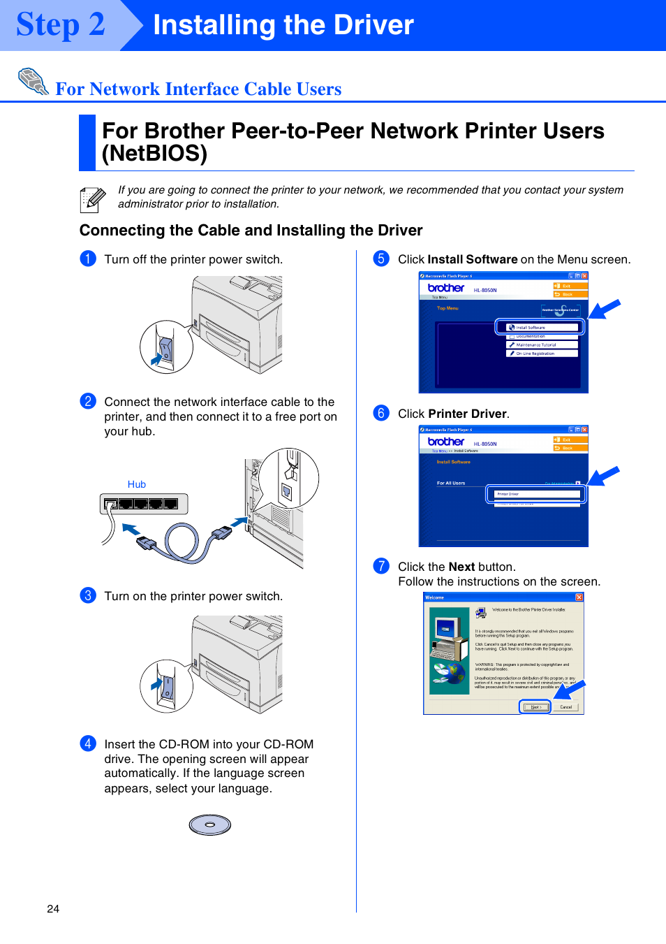 Step 2, Installing the driver | Brother HL-8050N User Manual | Page 25 / 44