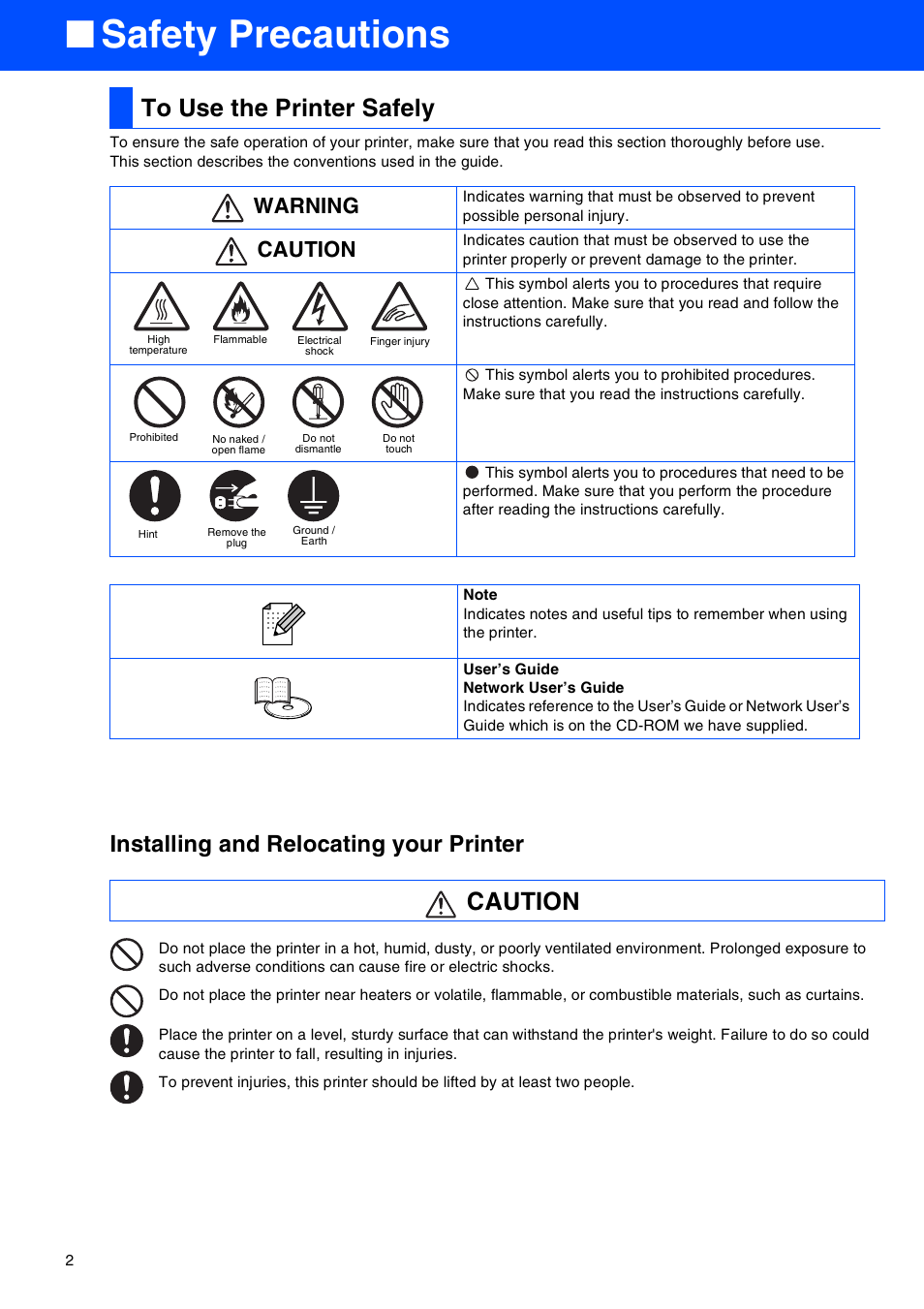 Safety precautions, To use the printer safely, Caution | Installing and relocating your printer, Warning caution | Brother HL-8050N User Manual | Page 3 / 44