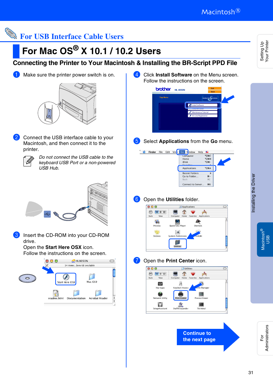 For mac os® x 10.1 / 10.2 users, For mac os, For usb interface cable users | Brother HL-8050N User Manual | Page 32 / 44