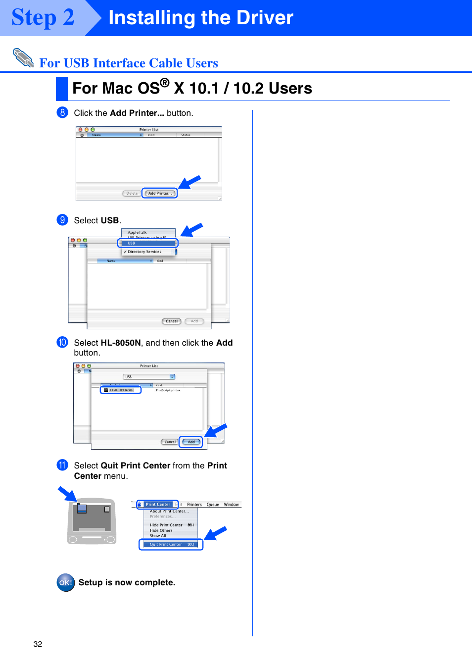 Step 2, Installing the driver, For mac os | Brother HL-8050N User Manual | Page 33 / 44