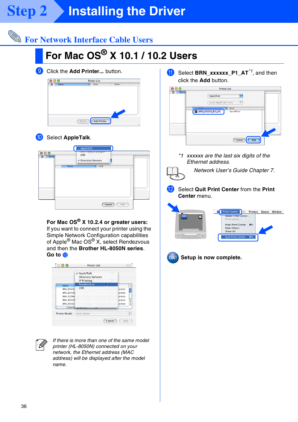 Step 2, Installing the driver, For mac os | For network interface cable users | Brother HL-8050N User Manual | Page 37 / 44