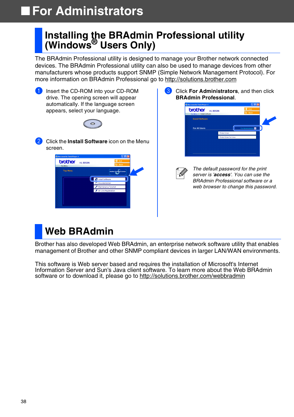 Web bradmin, For administrators, Users only) | Brother HL-8050N User Manual | Page 39 / 44