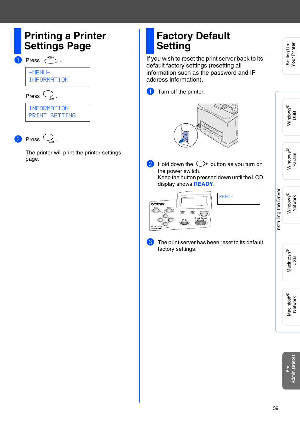 Factory default setting, Printing a printer settings page, Menu- information information print setting | Brother HL-8050N User Manual | Page 40 / 44