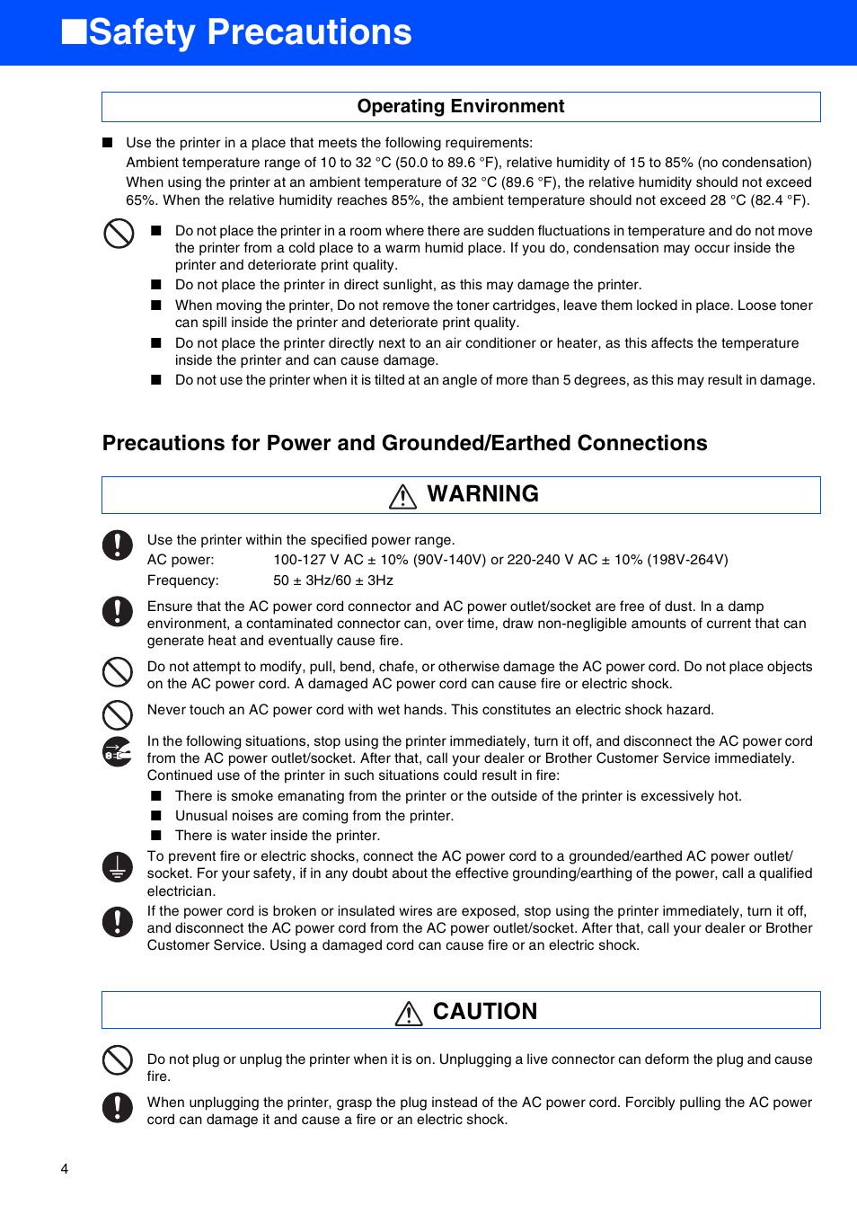 Safety precautions, Warning caution | Brother HL-8050N User Manual | Page 5 / 44
