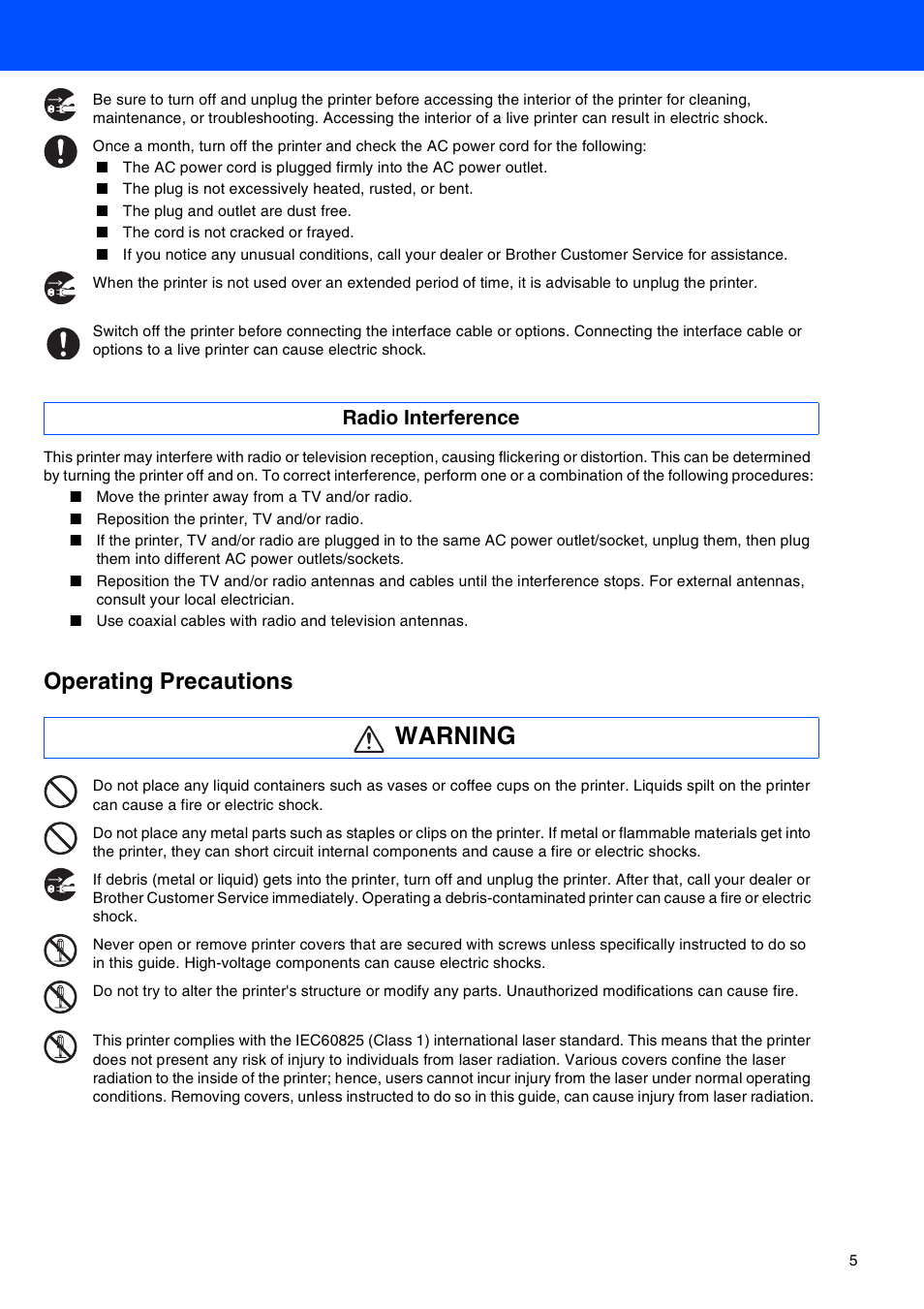 Warning, Operating precautions, Radio interference | Brother HL-8050N User Manual | Page 6 / 44