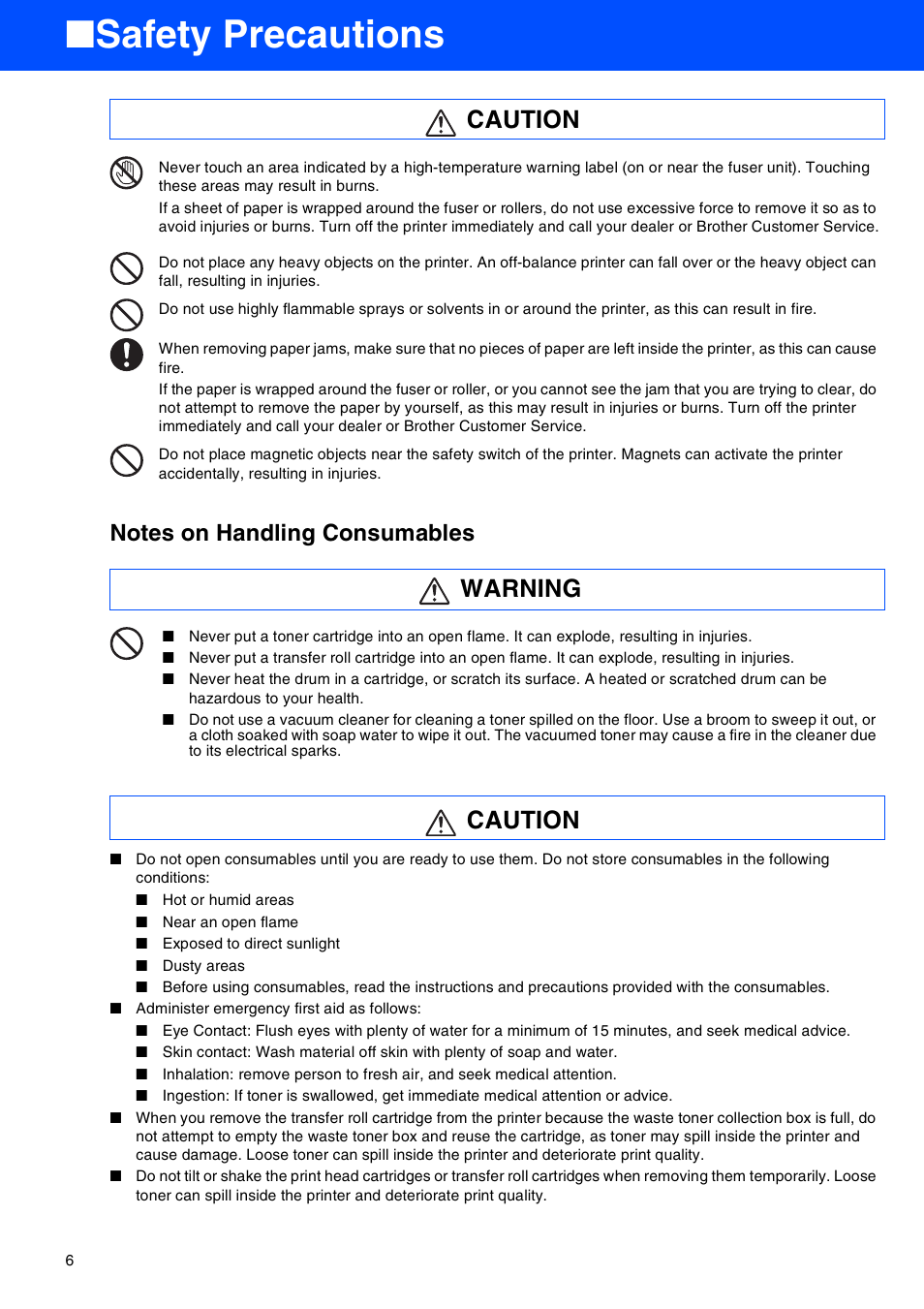 Safety precautions, Caution warning caution | Brother HL-8050N User Manual | Page 7 / 44