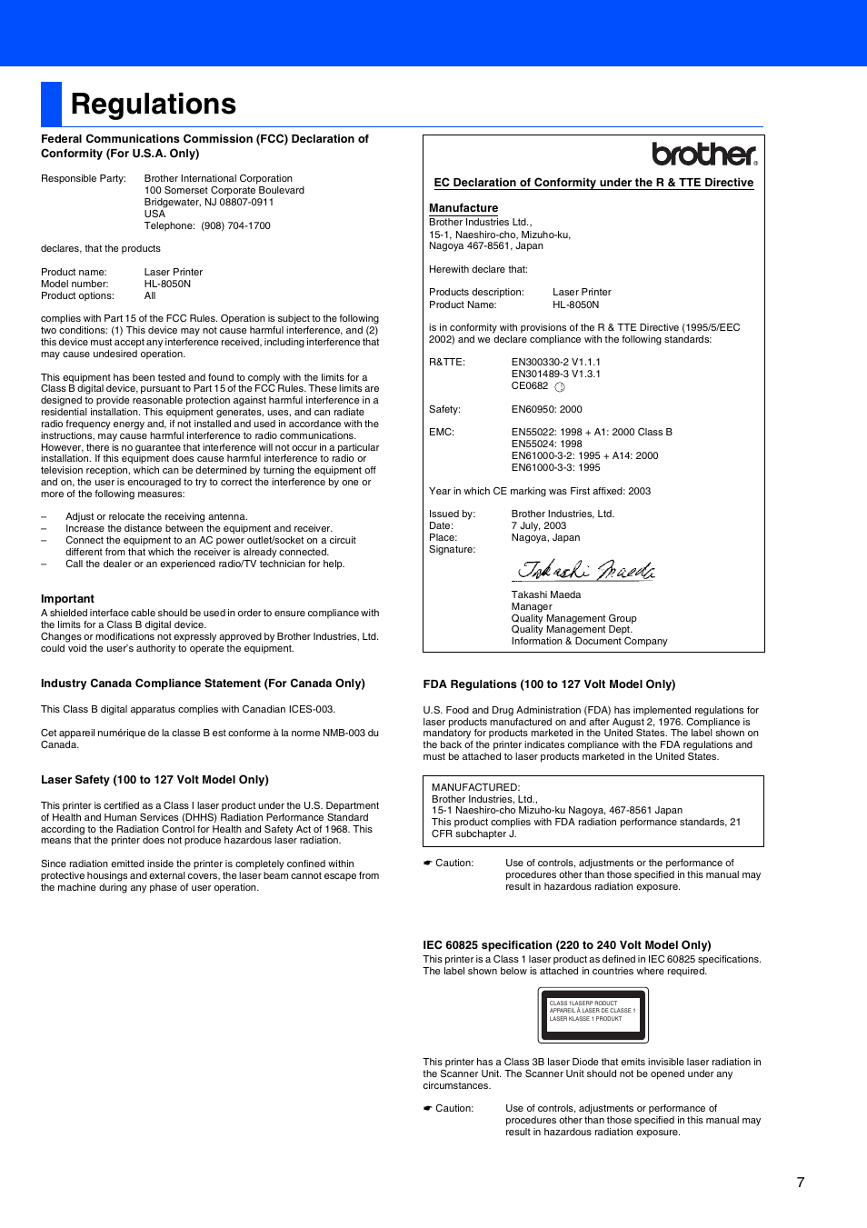 Regulations | Brother HL-8050N User Manual | Page 8 / 44