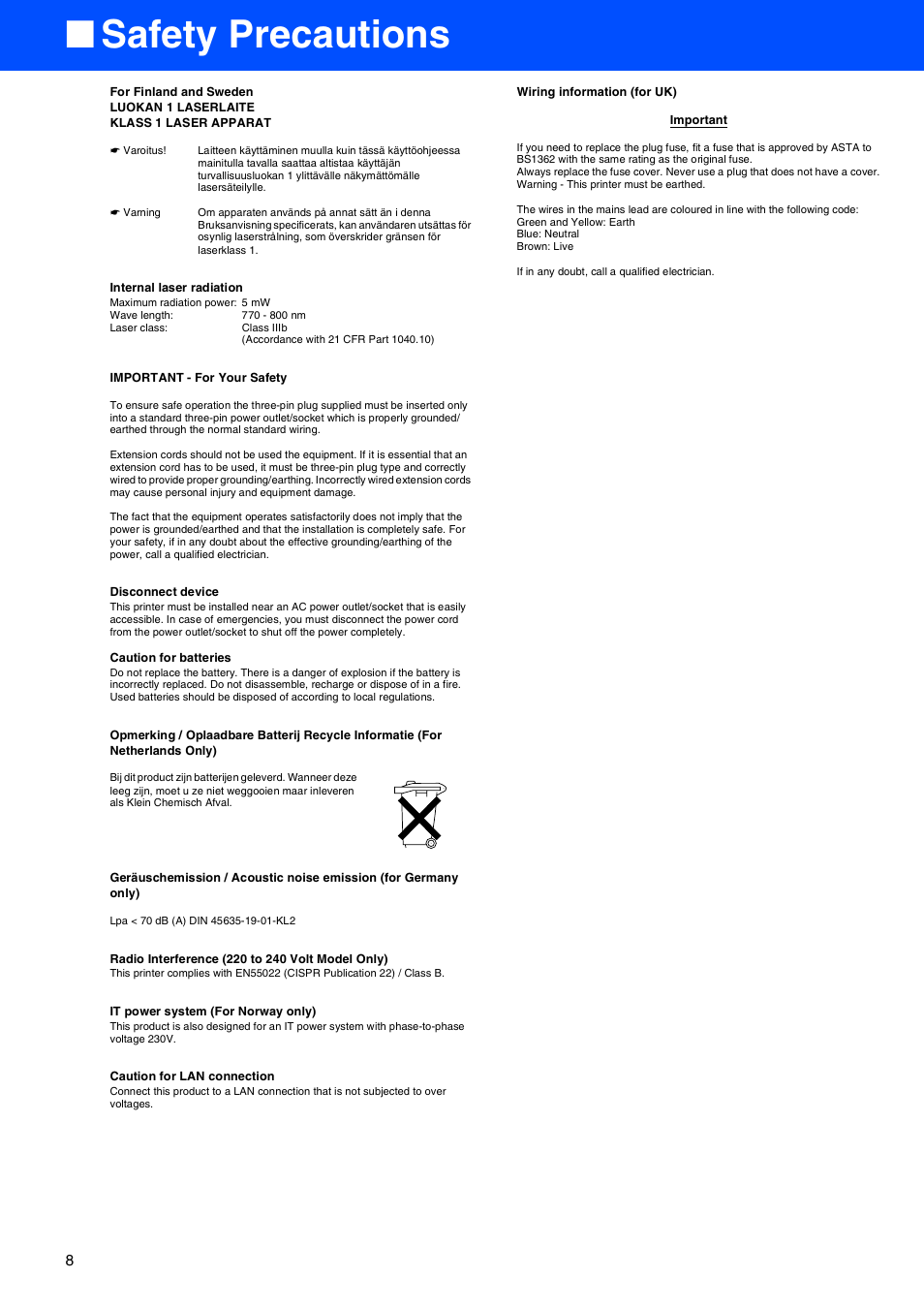 Safety precautions | Brother HL-8050N User Manual | Page 9 / 44