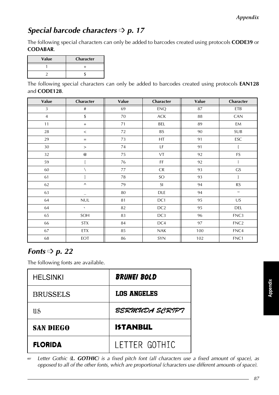 Special barcode characters è p. 17, Fonts è p. 22, Special barcode characters fonts | Special barcode characters ➩ p. 17, Fonts ➩ p. 22 | Brother PT-9600 User Manual | Page 101 / 235