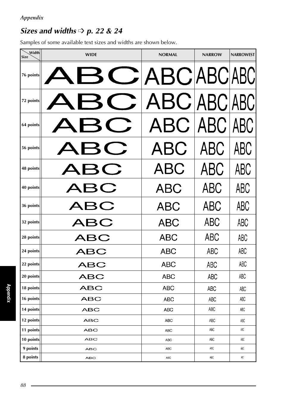 Sizes and widths è p. 22 & 24, Sizes and widths, Sizes and widths ➩ p. 22 & 24 | Brother PT-9600 User Manual | Page 102 / 235