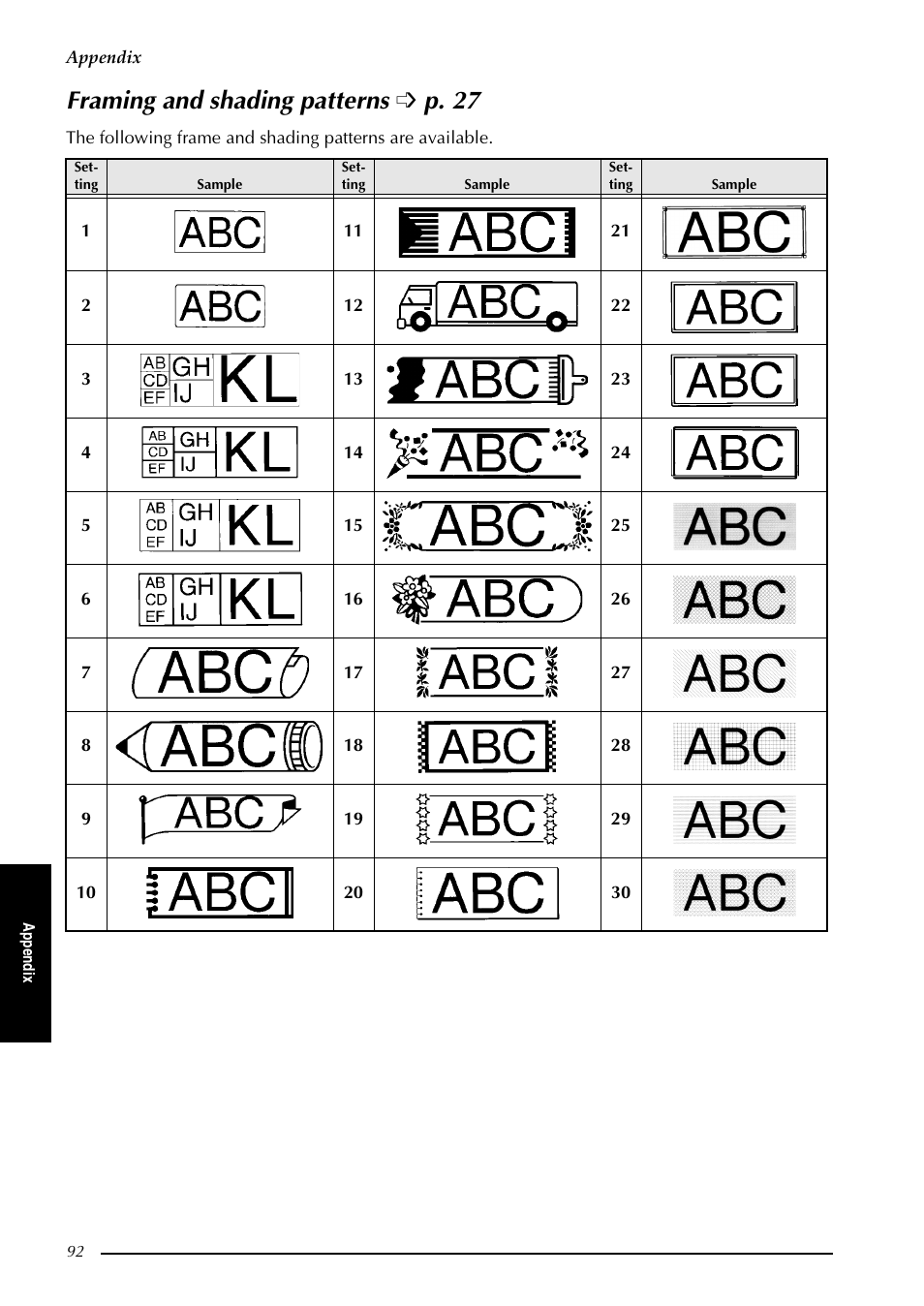 Framing and shading patterns è p. 27, Framing and shading patterns, Framing and shading patterns ➩ p. 27 | Brother PT-9600 User Manual | Page 106 / 235