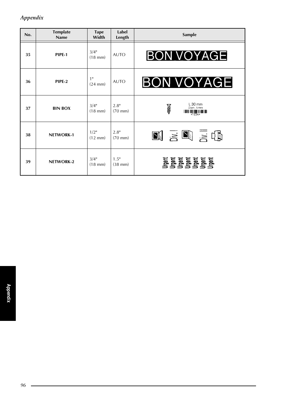 Appendix | Brother PT-9600 User Manual | Page 110 / 235