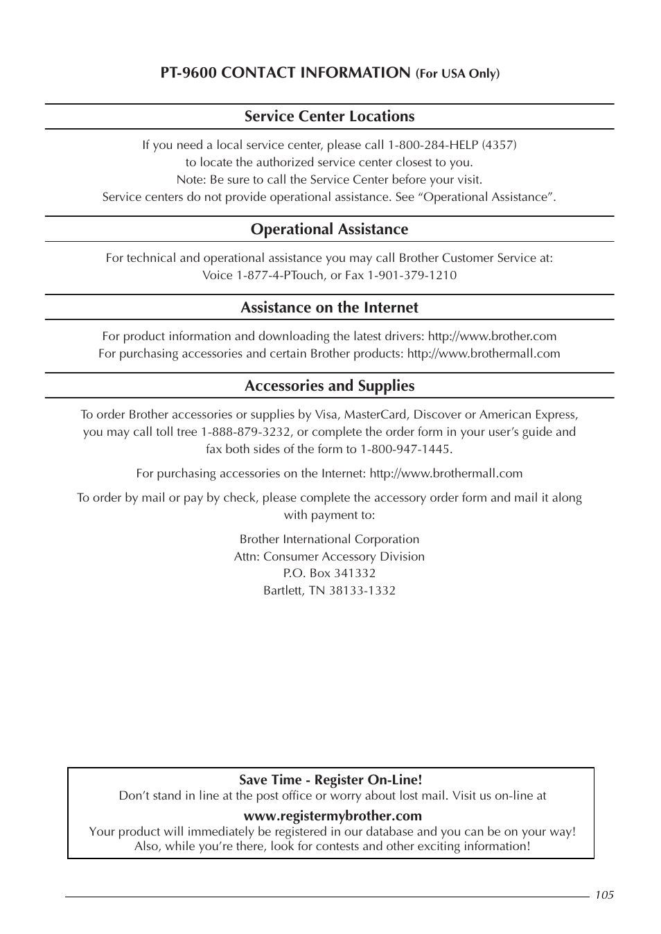 Pt-9600 contact information (for usa only) | Brother PT-9600 User Manual | Page 119 / 235