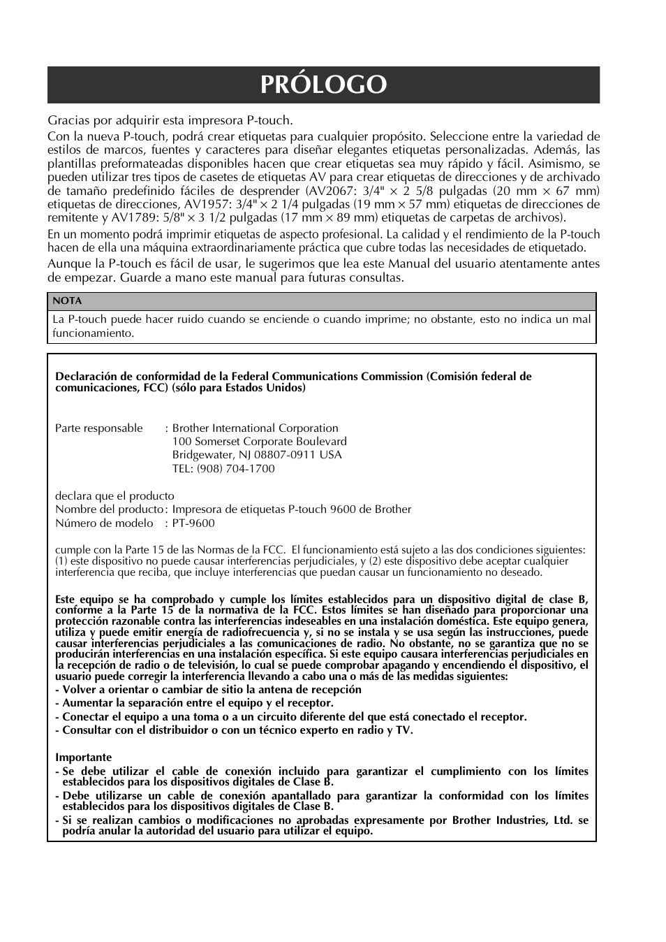 Prólogo | Brother PT-9600 User Manual | Page 122 / 235