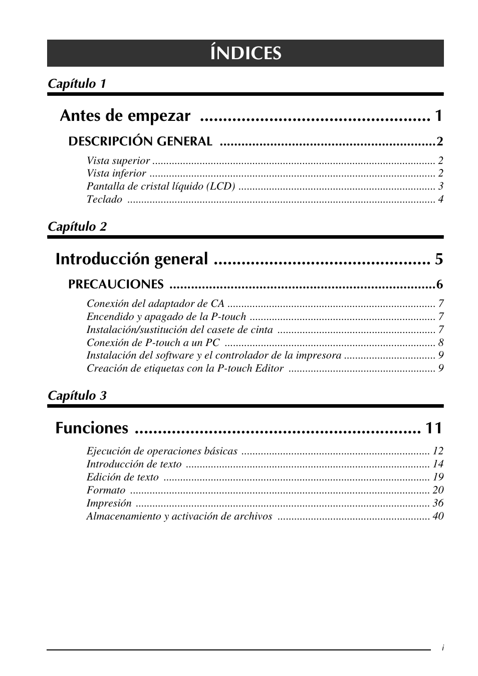 Índices, Antes de empezar, Introducción general | Funciones | Brother PT-9600 User Manual | Page 129 / 235