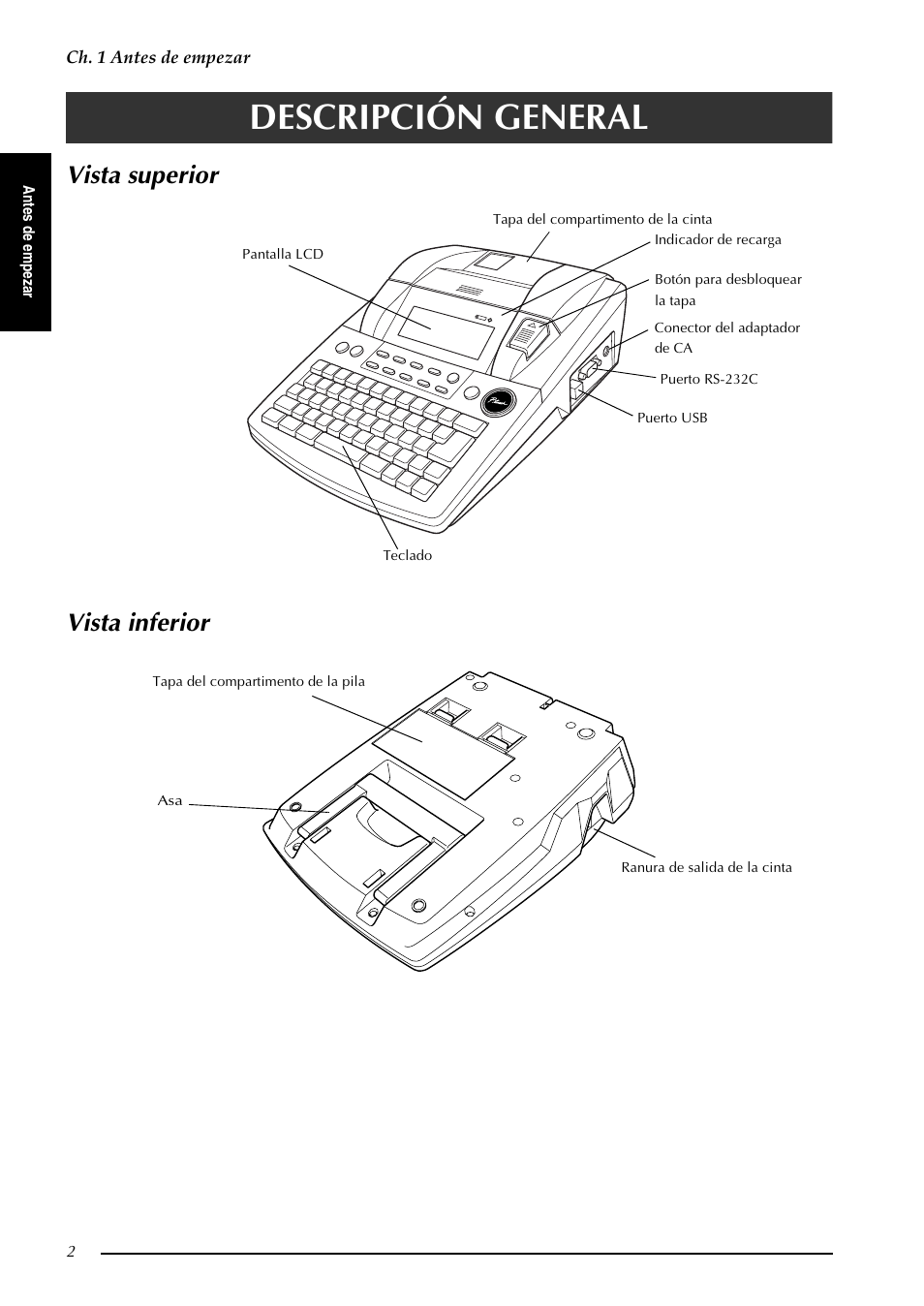 Descripción general, Vista superior, Vista inferior | Vista superior vista inferior | Brother PT-9600 User Manual | Page 132 / 235