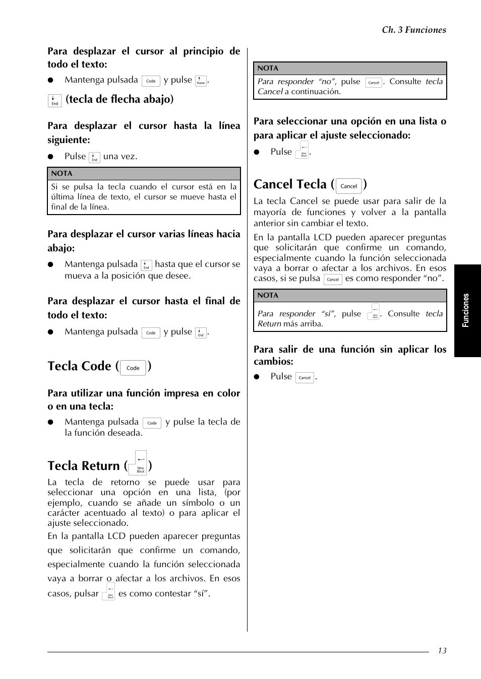 Tecla code ( d ), Tecla return ( n ), Cancel tecla ( e ) | G (tecla de flecha abajo) | Brother PT-9600 User Manual | Page 143 / 235