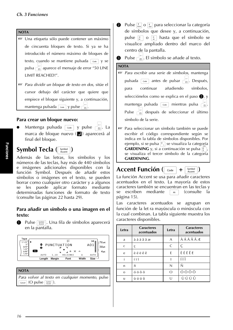 Symbol tecla ( s ), Accent función ( d + s ), Para crear un bloque nuevo | Para añadir un símbolo o una imagen en el texto, Ch. 3 funciones | Brother PT-9600 User Manual | Page 146 / 235