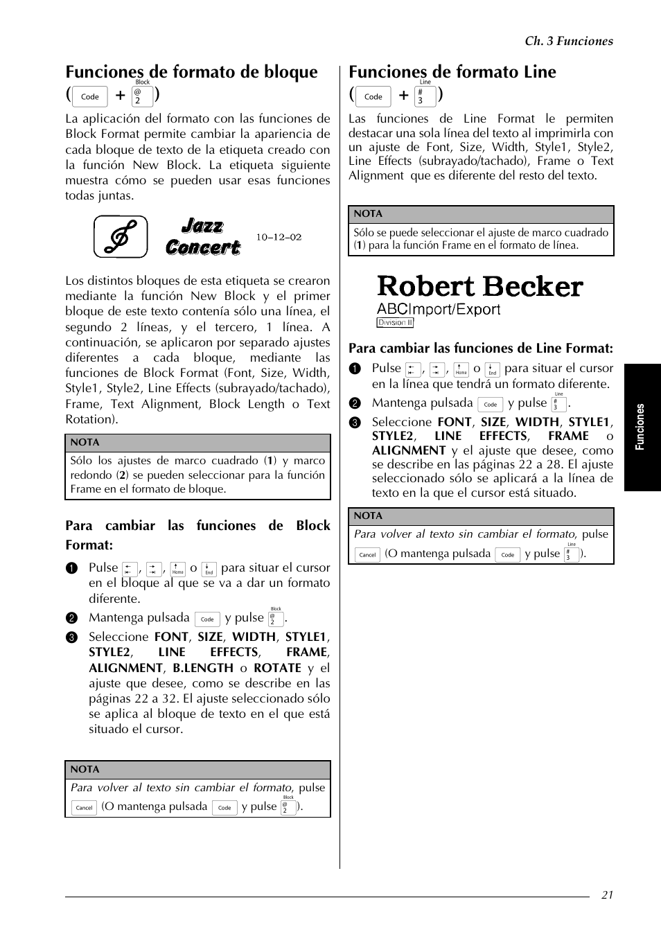 Funciones de formato de bloque ( d + 2 ), Funciones de formato line ( d + 3 ) | Brother PT-9600 User Manual | Page 151 / 235