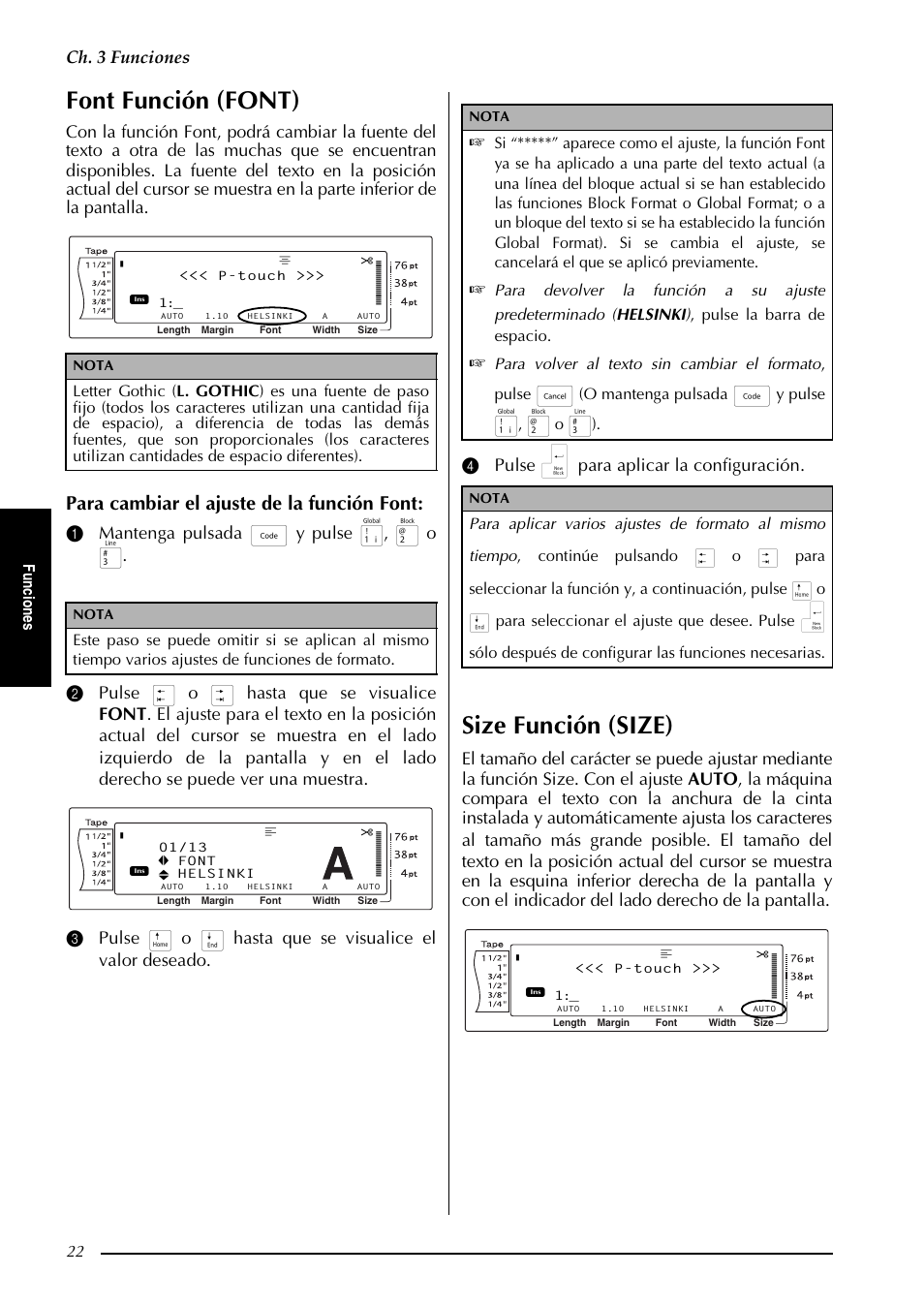 Font función (font), Size función (size), Para cambiar el ajuste de la función font | Ch. 3 funciones, Fu nc io ne s, O mantenga pulsada, Y pulse | Brother PT-9600 User Manual | Page 152 / 235