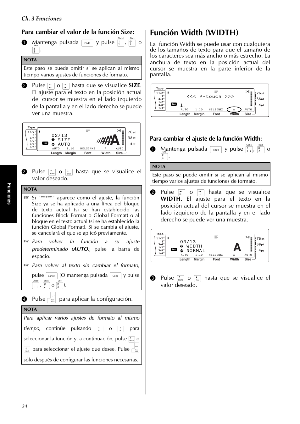 Función width (width), Para cambiar el valor de la función size, Para cambiar el ajuste de la función width | Ch. 3 funciones, Fu nc io ne s, O mantenga pulsada, Y pulse | Brother PT-9600 User Manual | Page 154 / 235