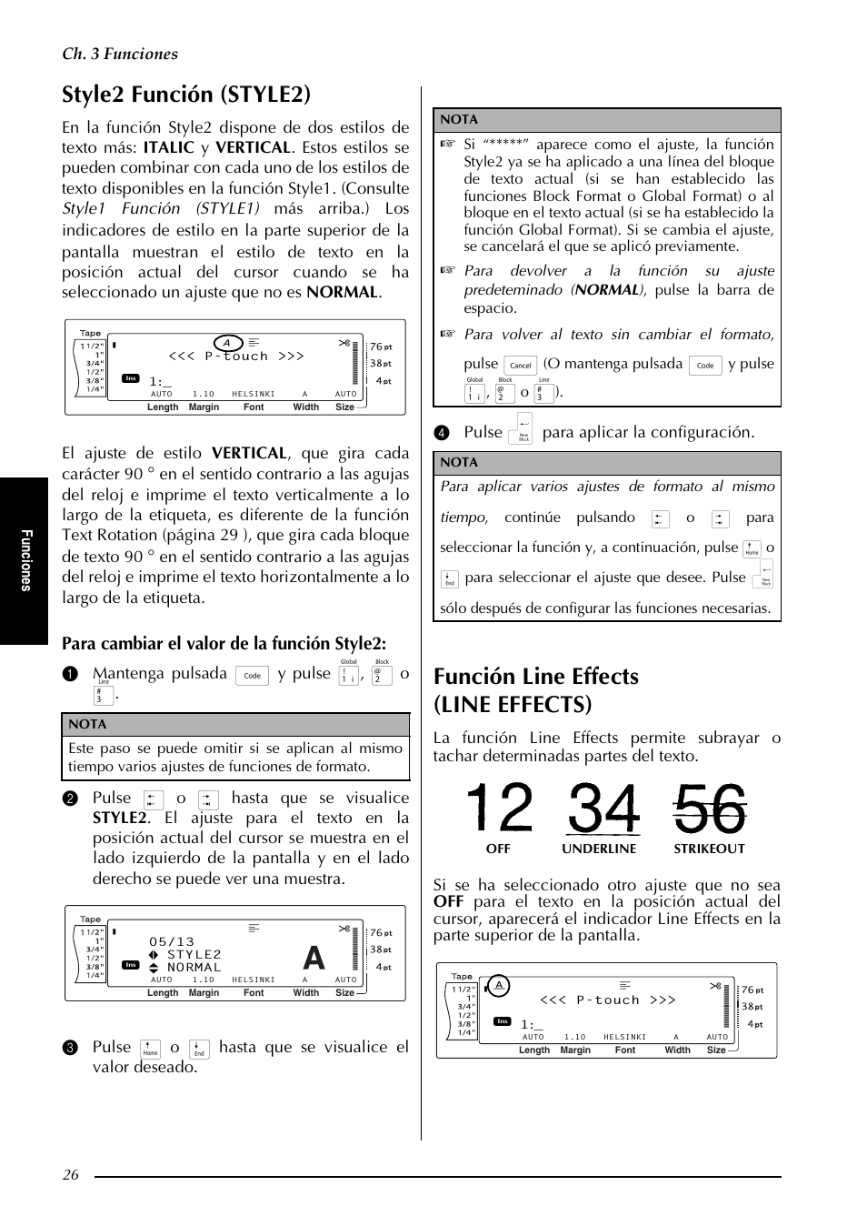 P. 26, Style2 función (style2), Función line effects (line effects) | Para cambiar el valor de la función style2, Ch. 3 funciones, 4 pulse n para aplicar la configuración, Fu nc io ne s, O mantenga pulsada, Y pulse | Brother PT-9600 User Manual | Page 156 / 235