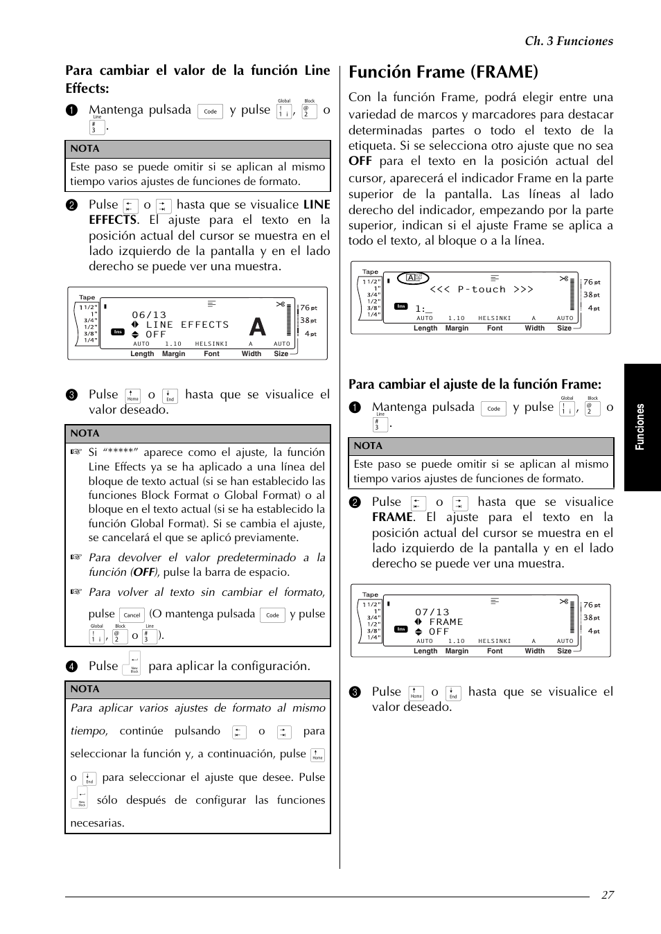 Función frame (frame), Para cambiar el valor de la función line effects, Para cambiar el ajuste de la función frame | Ch. 3 funciones, Fu nc ion es, O mantenga pulsada, Y pulse | Brother PT-9600 User Manual | Page 157 / 235