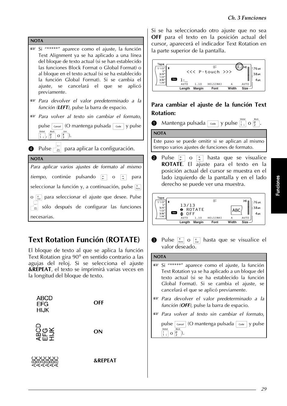 P. 29, Text rotation función (rotate), Para cambiar el ajuste de la función text rotation | Ch. 3 funciones, 4 pulse n para aplicar la configuración, Off on &repeat, Fu nc ion es, O mantenga pulsada, Y pulse | Brother PT-9600 User Manual | Page 159 / 235