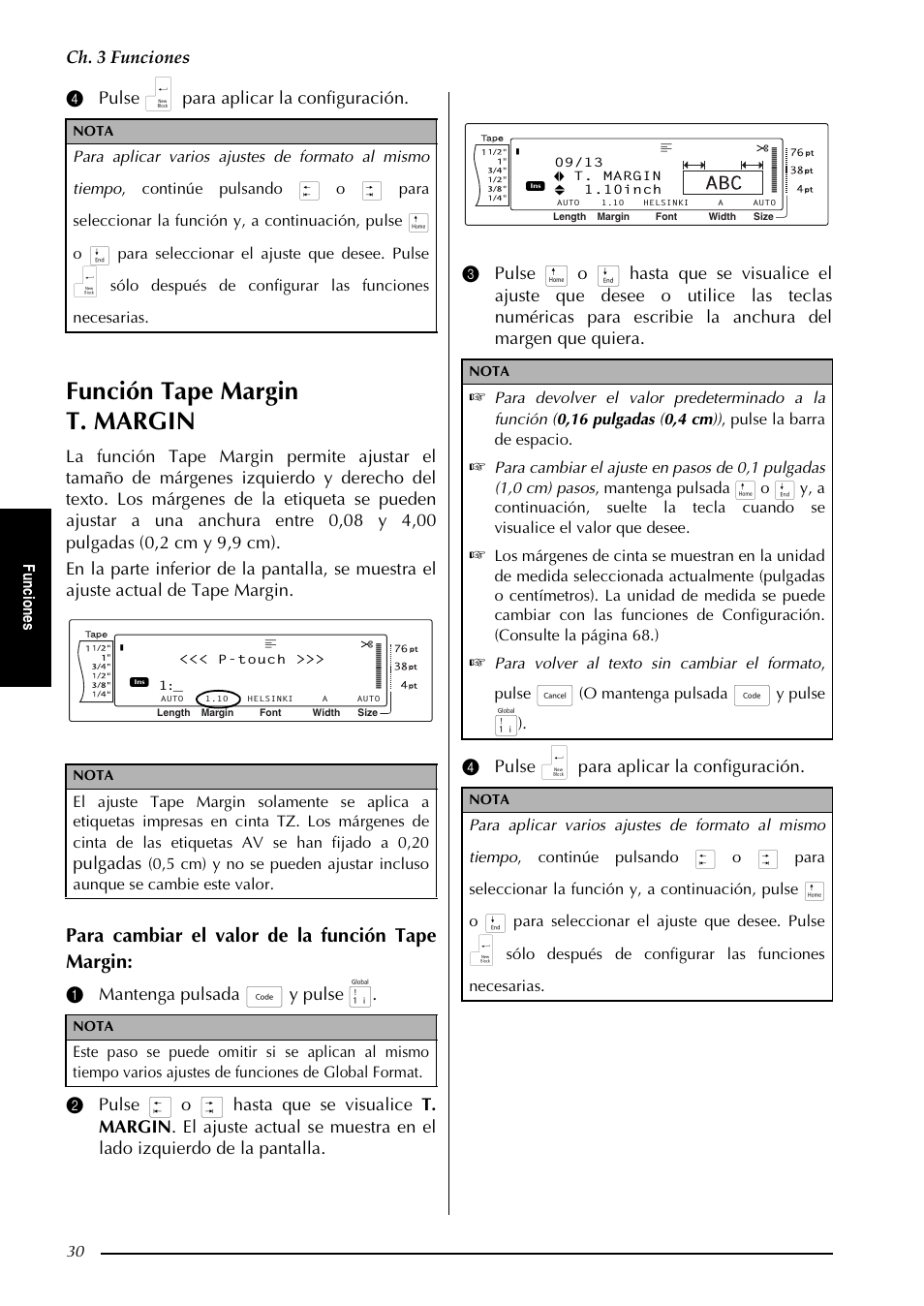 Función tape margin t. margin, Para cambiar el valor de la función tape margin, Ch. 3 funciones | 4 pulse n para aplicar la configuración, Pulgadas, Fu nc io ne s, O mantenga pulsada, Y pulse | Brother PT-9600 User Manual | Page 160 / 235