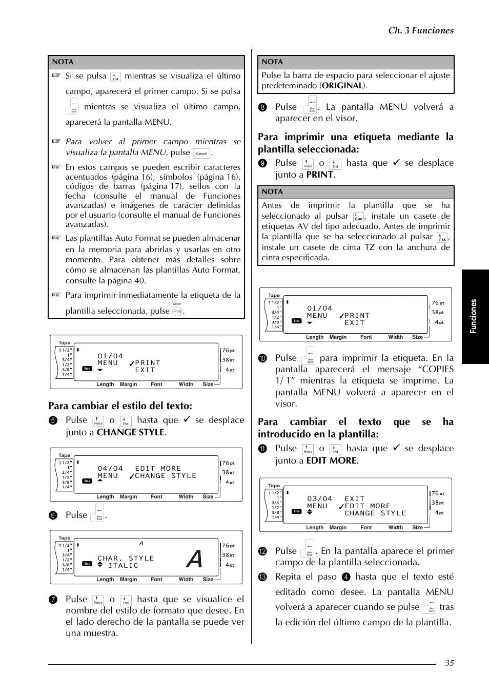Para cambiar el estilo del texto, Ch. 3 funciones, Fu nc ion es | Brother PT-9600 User Manual | Page 165 / 235